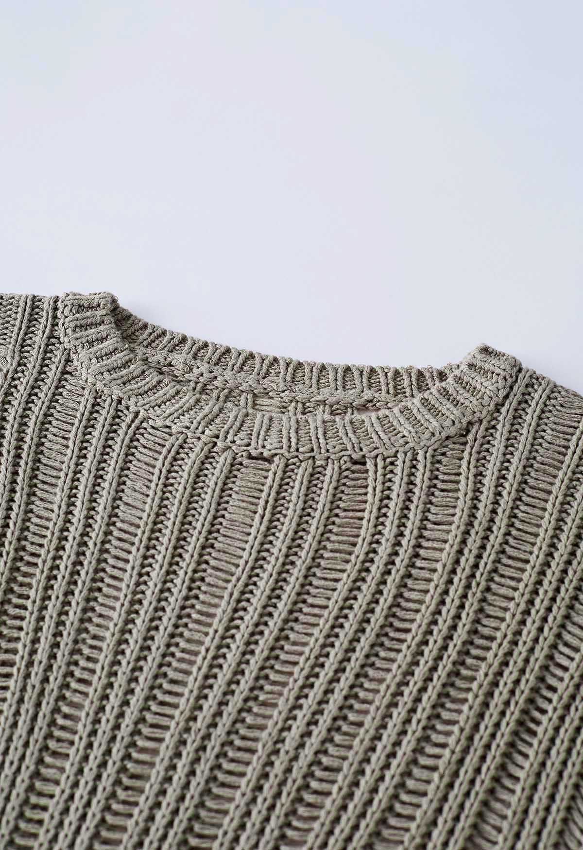 Side Slit Pointelle Knit Sweater in Khaki