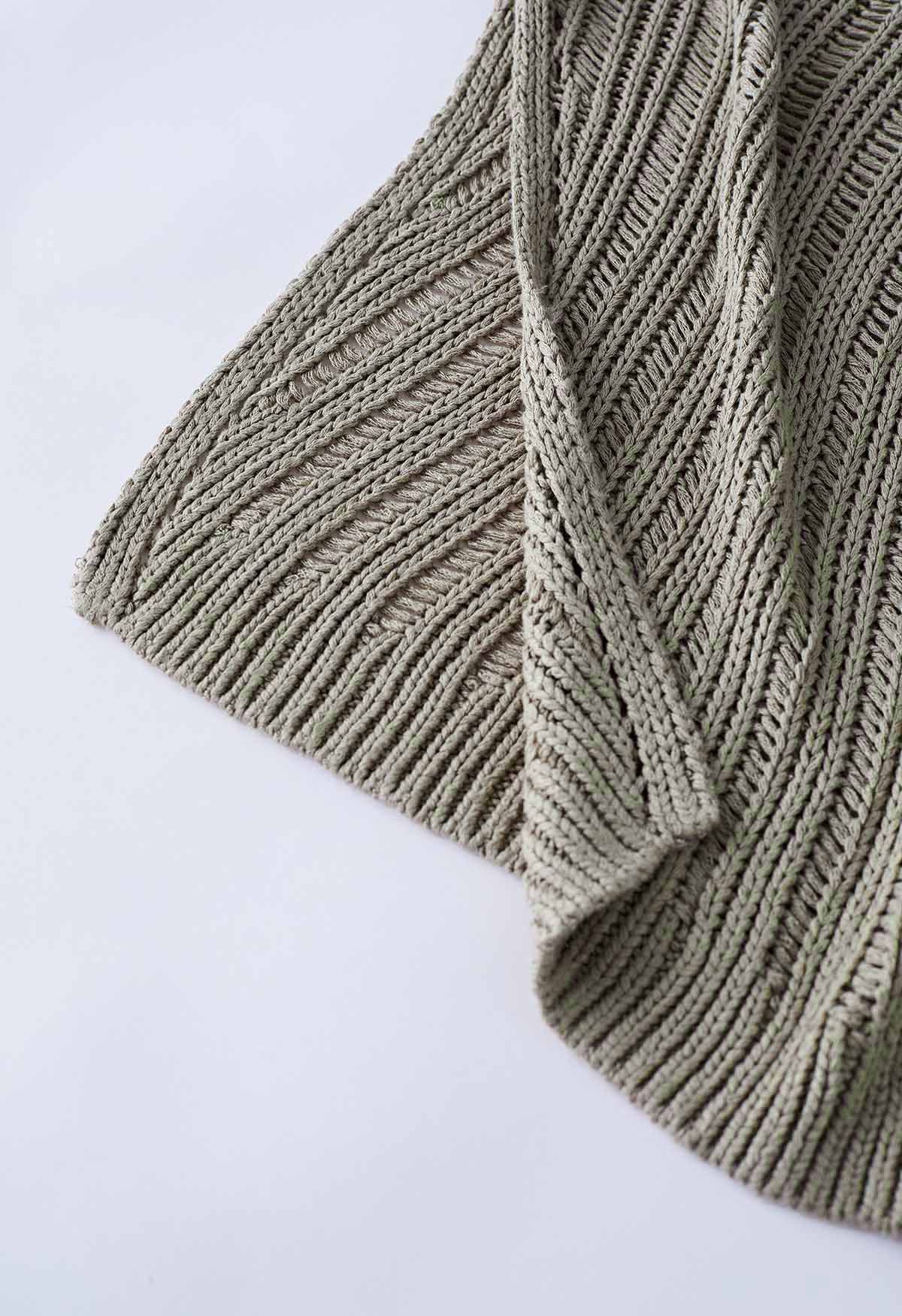 Side Slit Pointelle Knit Sweater in Khaki