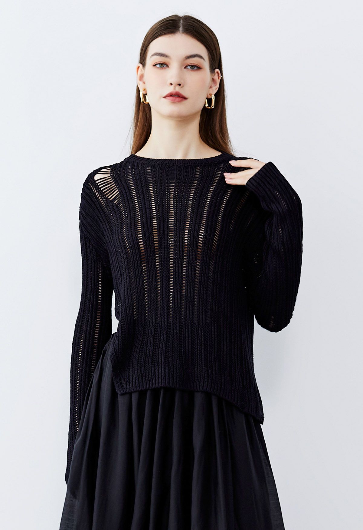 Side Slit Pointelle Knit Sweater in Black