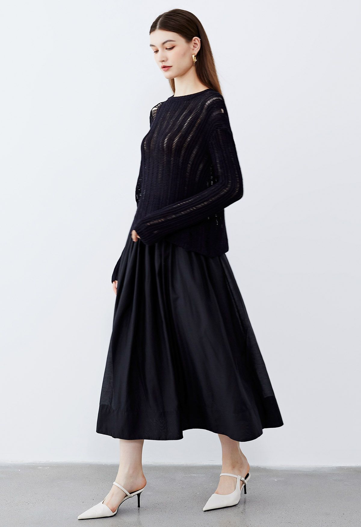 Side Slit Pointelle Knit Sweater in Black