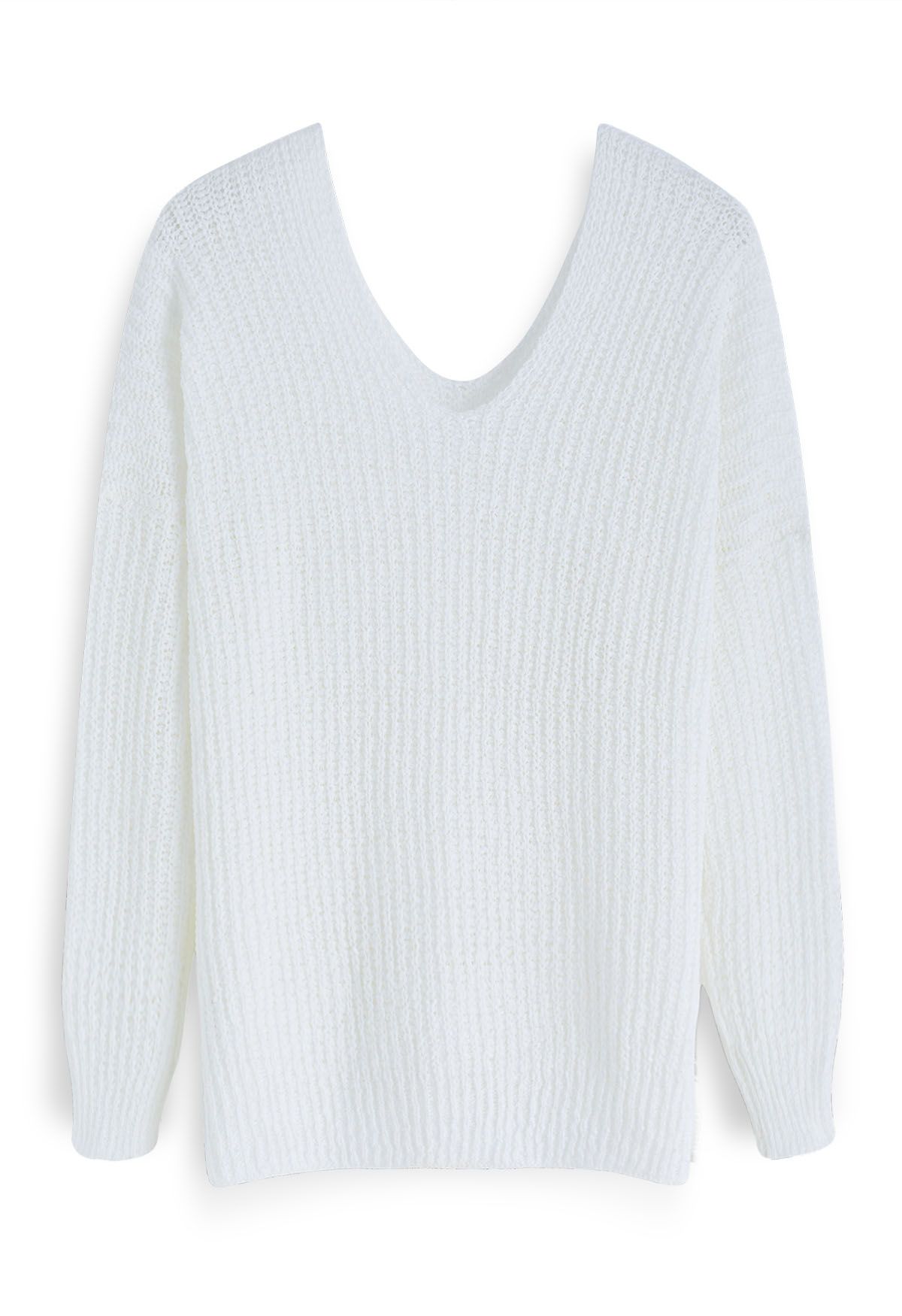 Texture Ribbed Knit V-Neck Sweater in White