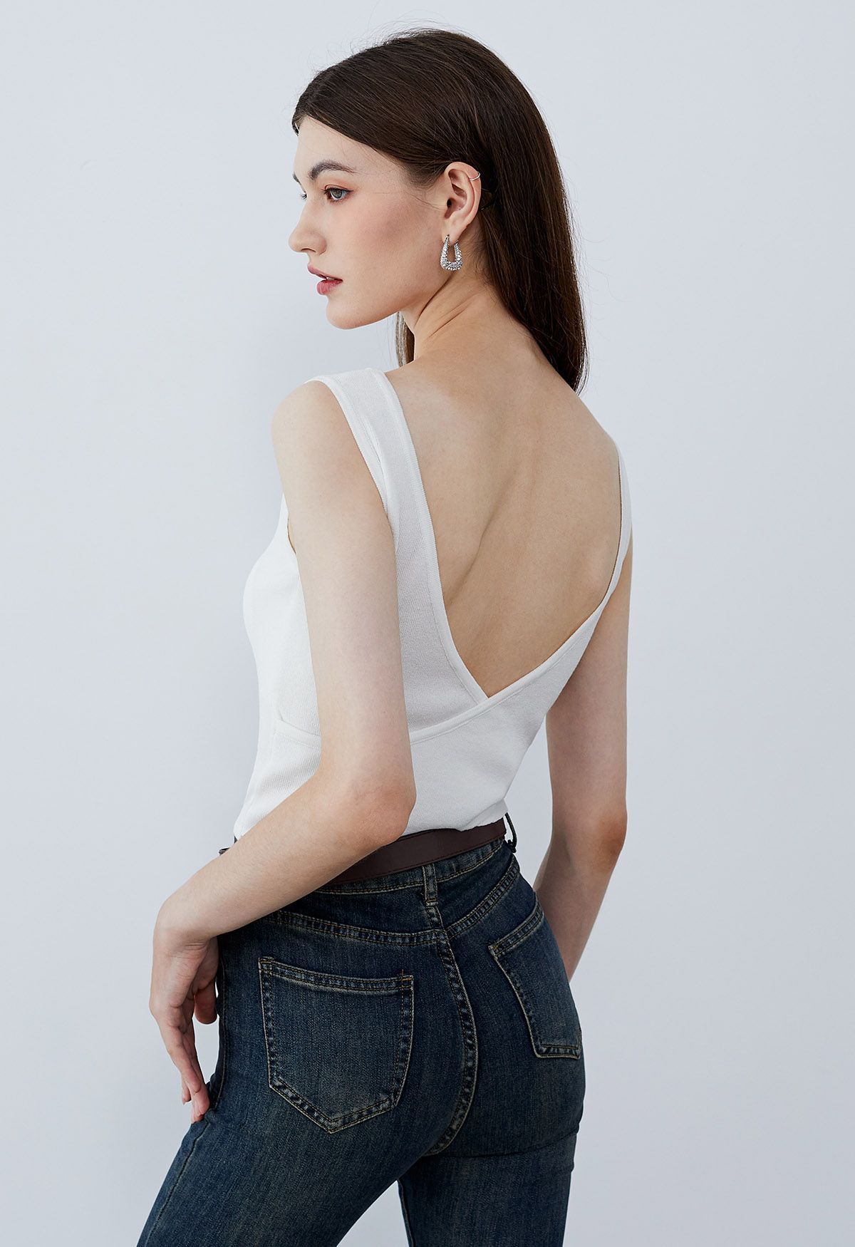 Crisscross Open Back Knit Tank Top in White