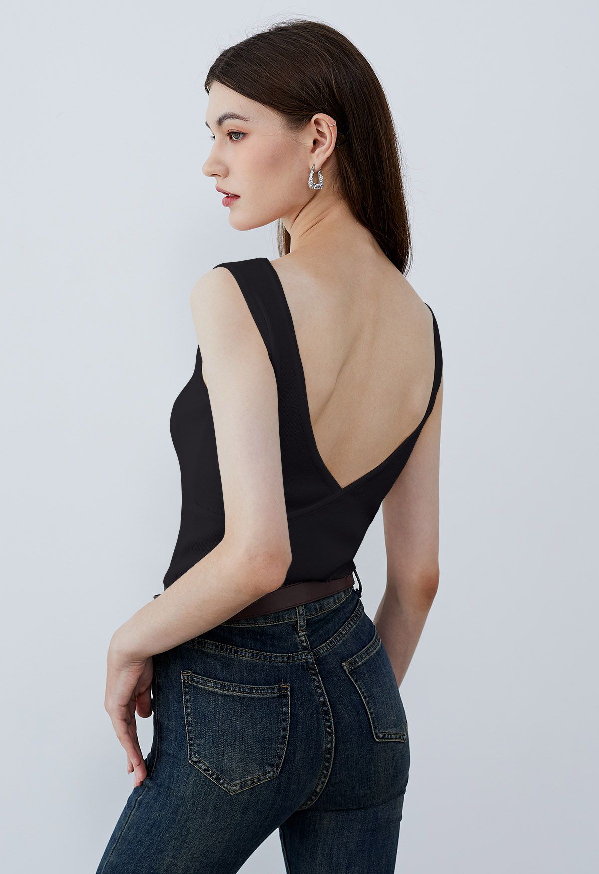 Crisscross Open Back Knit Tank Top in Black