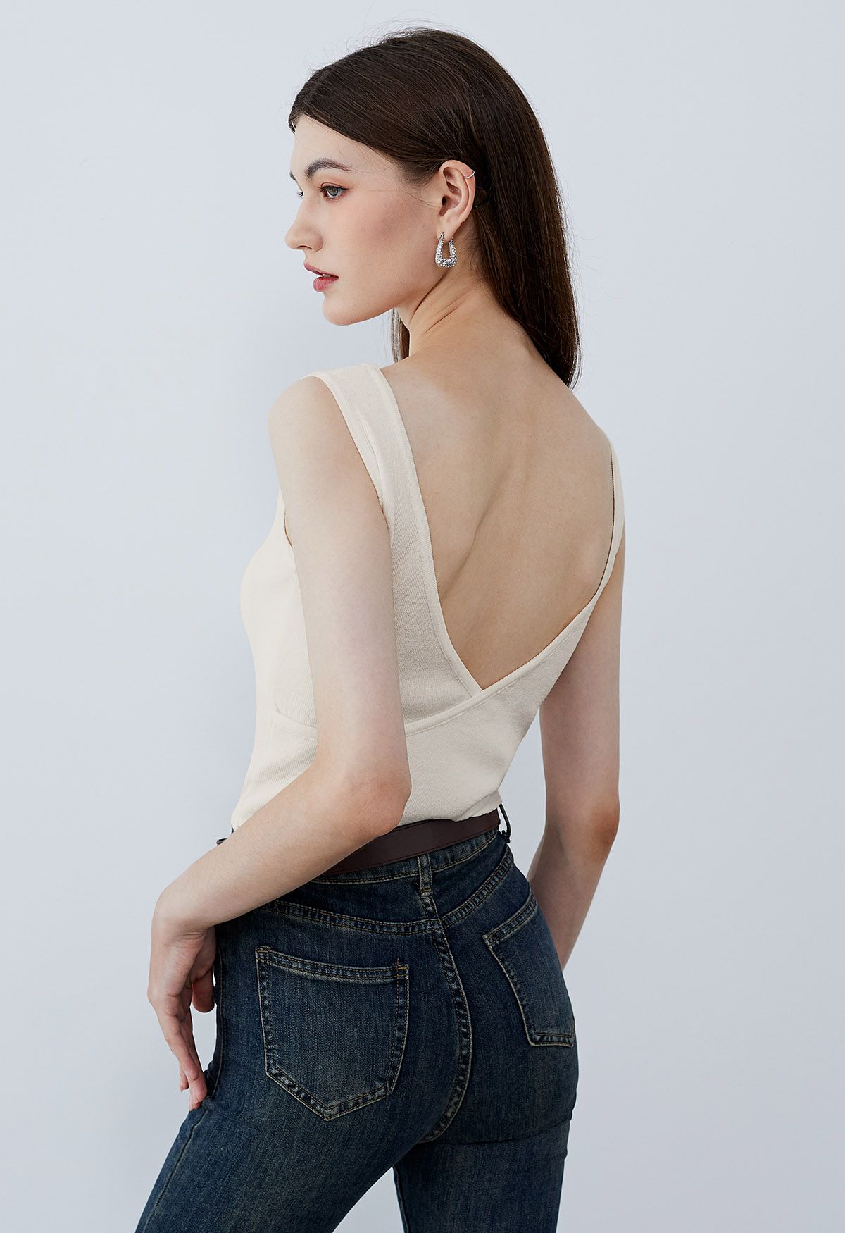 Crisscross Open Back Knit Tank Top in Cream