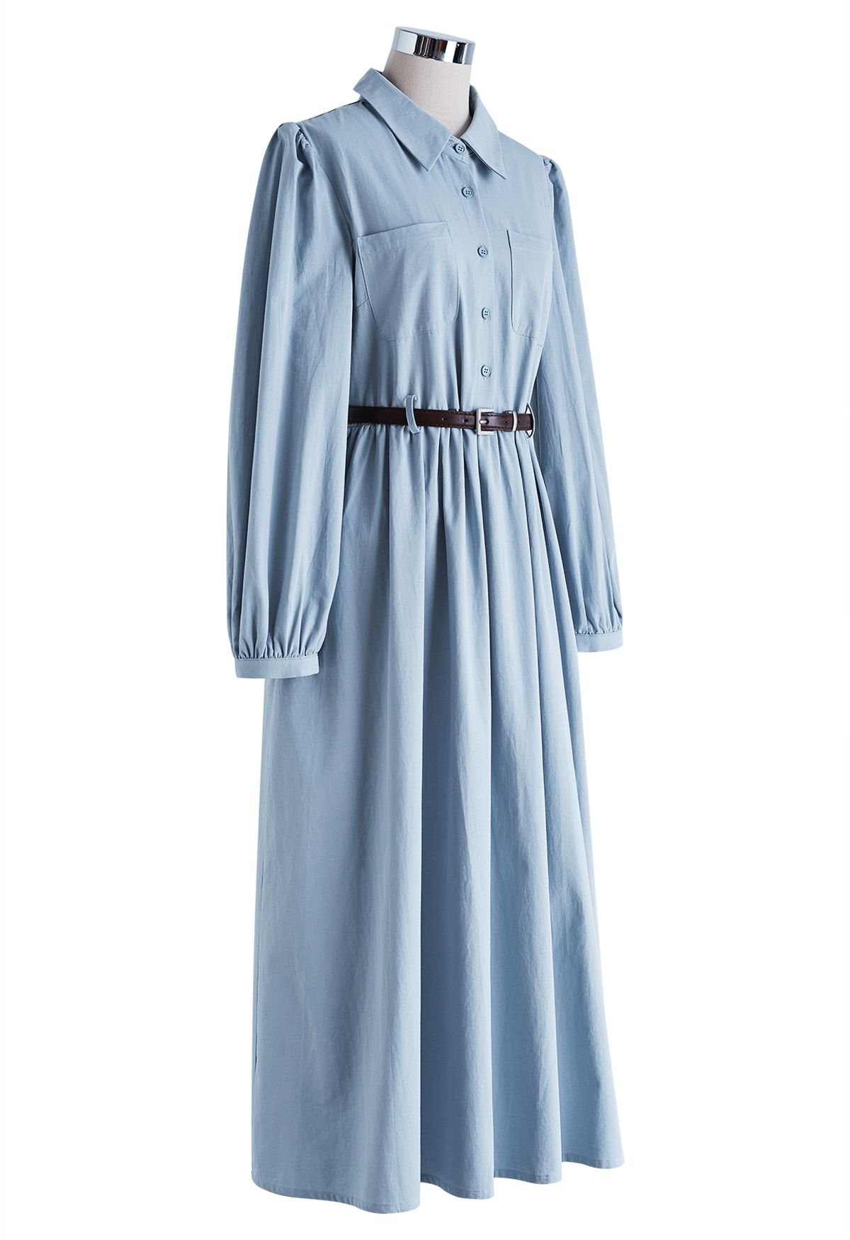 Patch Pocket Belted Cotton Shirt Dress in Blue