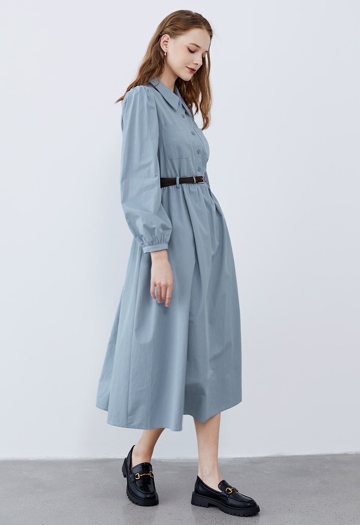 Patch Pocket Belted Cotton Shirt Dress in Blue