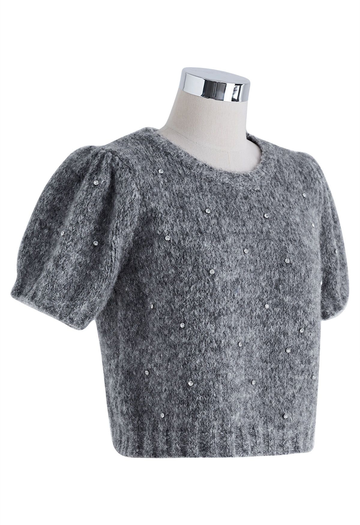 Rhinestone Embellished Fuzzy Knit Sweater in Grey