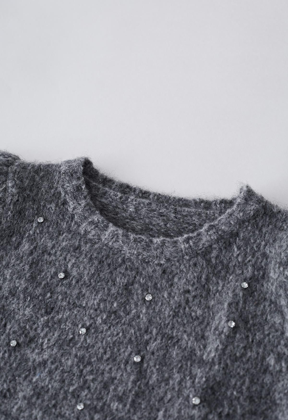 Rhinestone Embellished Fuzzy Knit Sweater in Grey