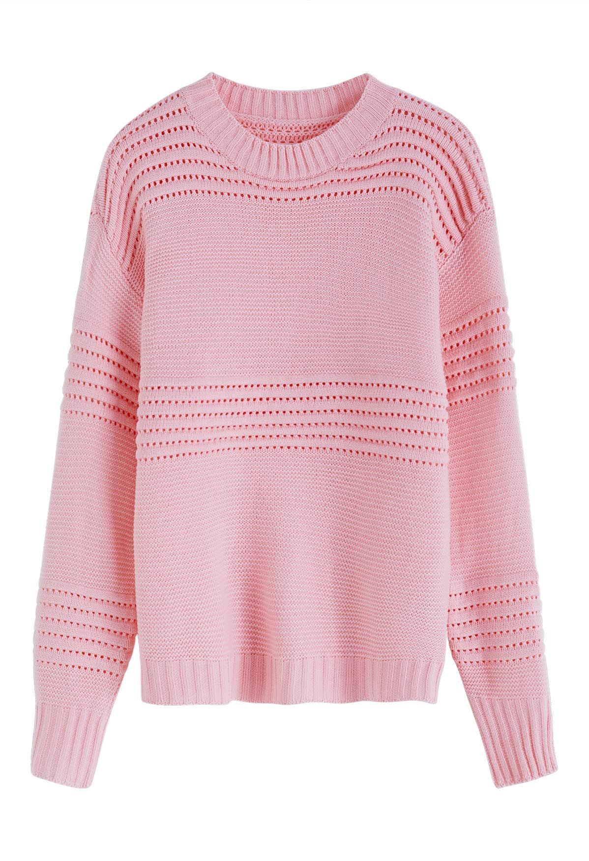 Stripe Embossed Openwork Knit Sweater in Pink