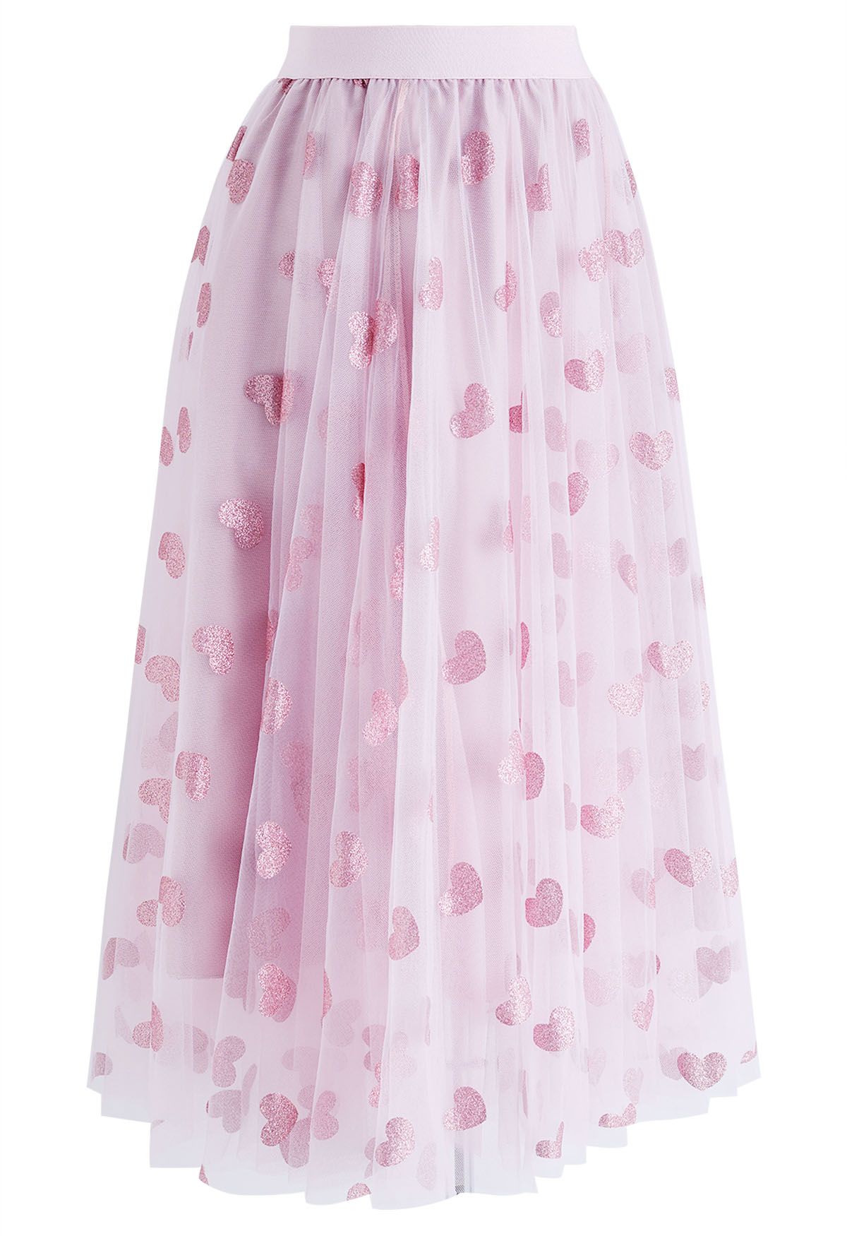 Shimmering Hearts Mesh Tulle Midi Skirt in Pink