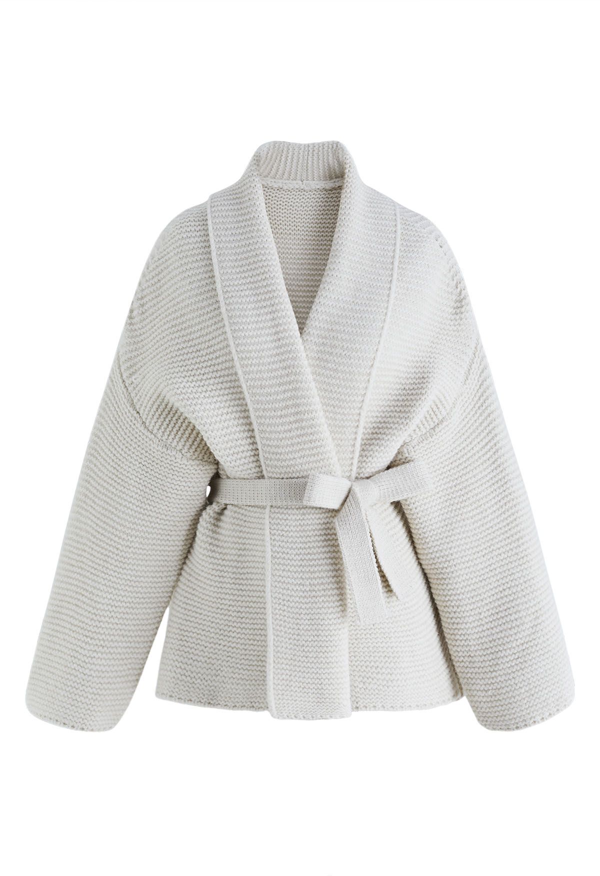 Collared Self-Tie Wrap Waffle Knit Cardigan in Ivory