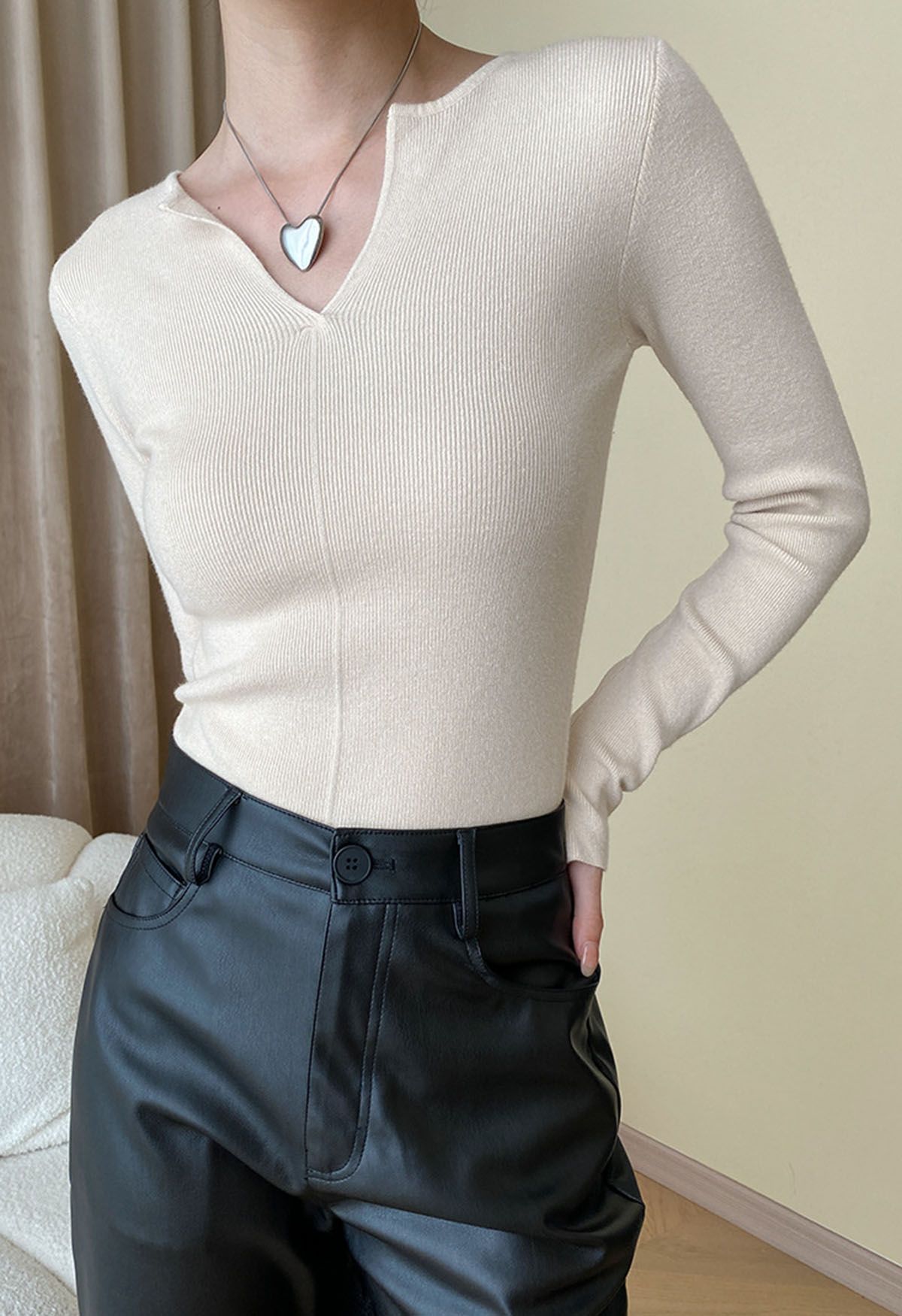 Notch Neckline Fitted Knit Top in Cream