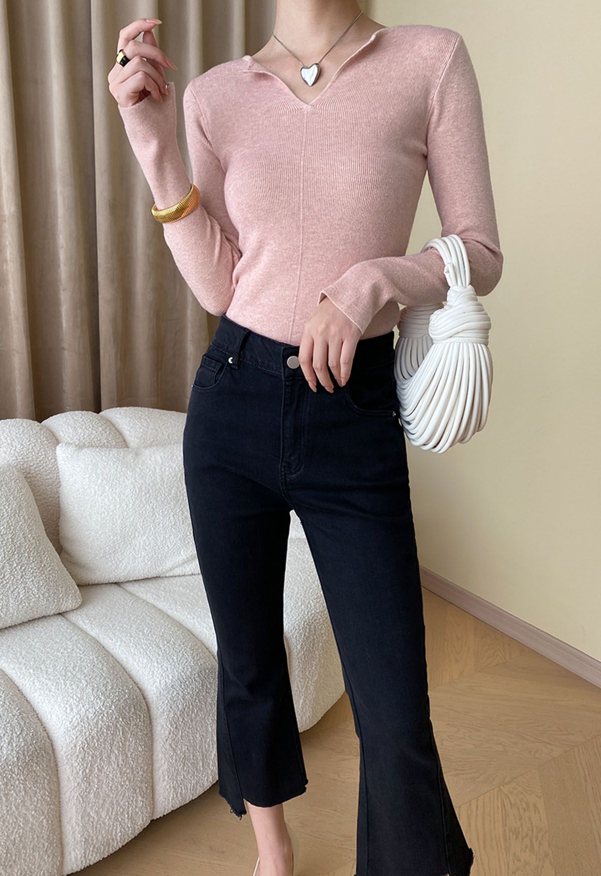 Notch Neckline Fitted Knit Top in Pink