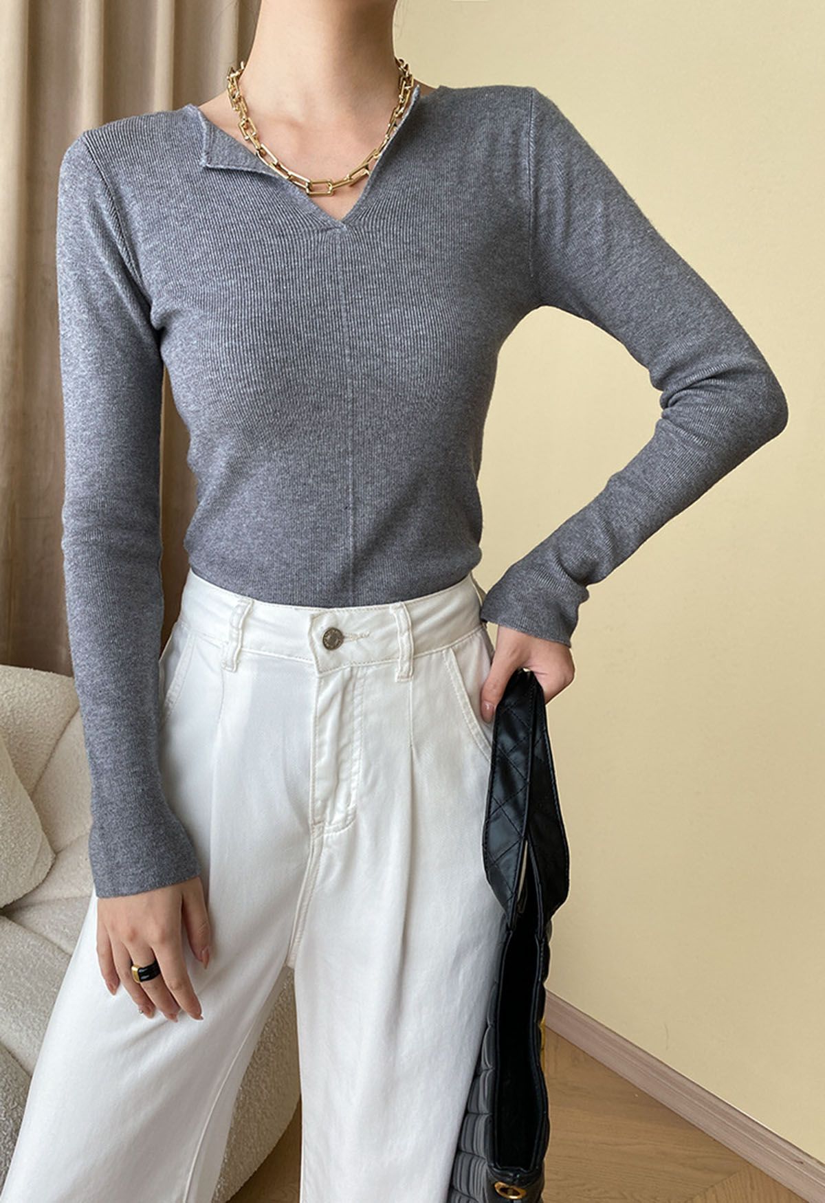 Notch Neckline Fitted Knit Top in Grey