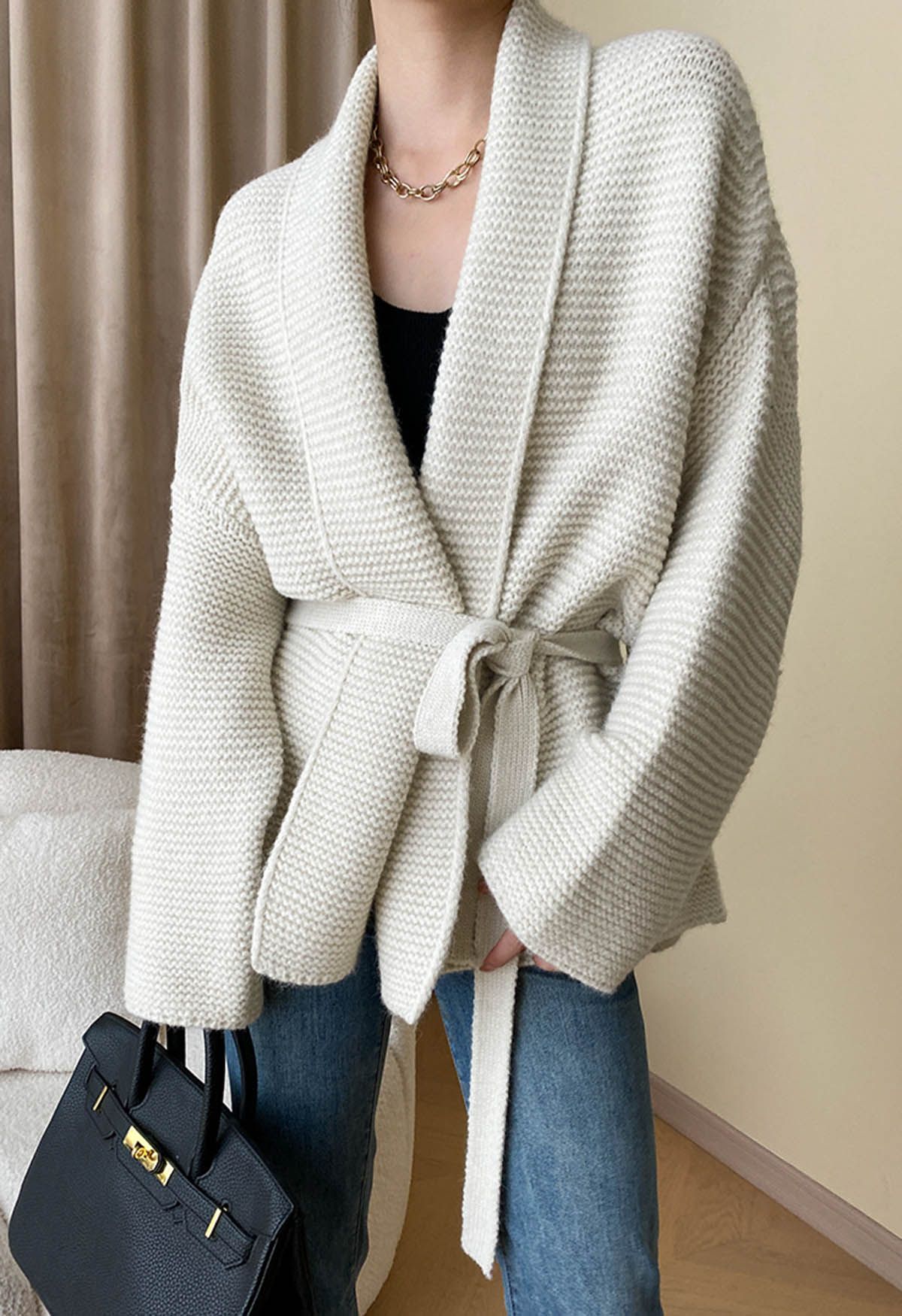 Collared Self-Tie Wrap Waffle Knit Cardigan in Ivory