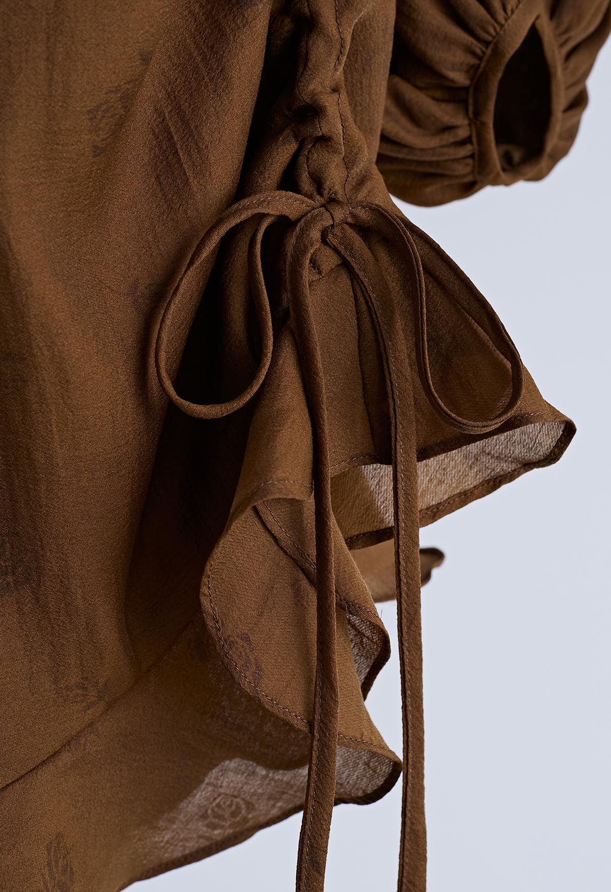 Asymmetric Ruffle Hem Floral Midi Dress in Brown