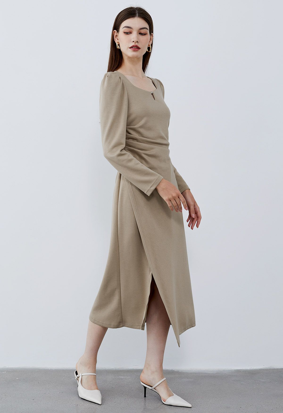 Square Neck Ruched Waist Flap Midi Dress in Tan