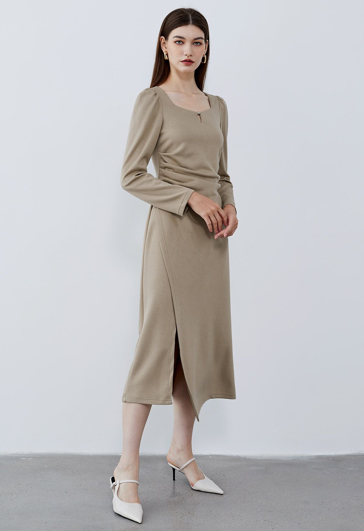 Square Neck Ruched Waist Flap Midi Dress in Tan