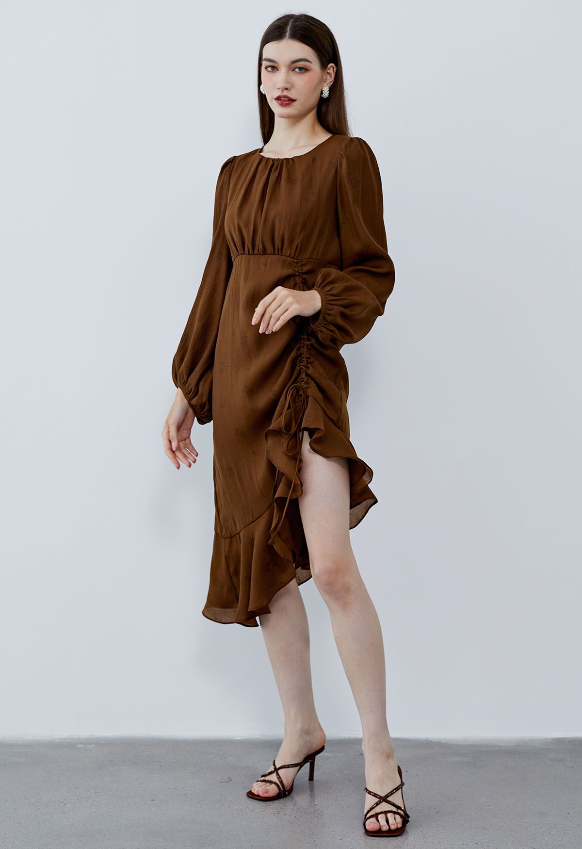 Asymmetric Ruffle Hem Floral Midi Dress in Brown
