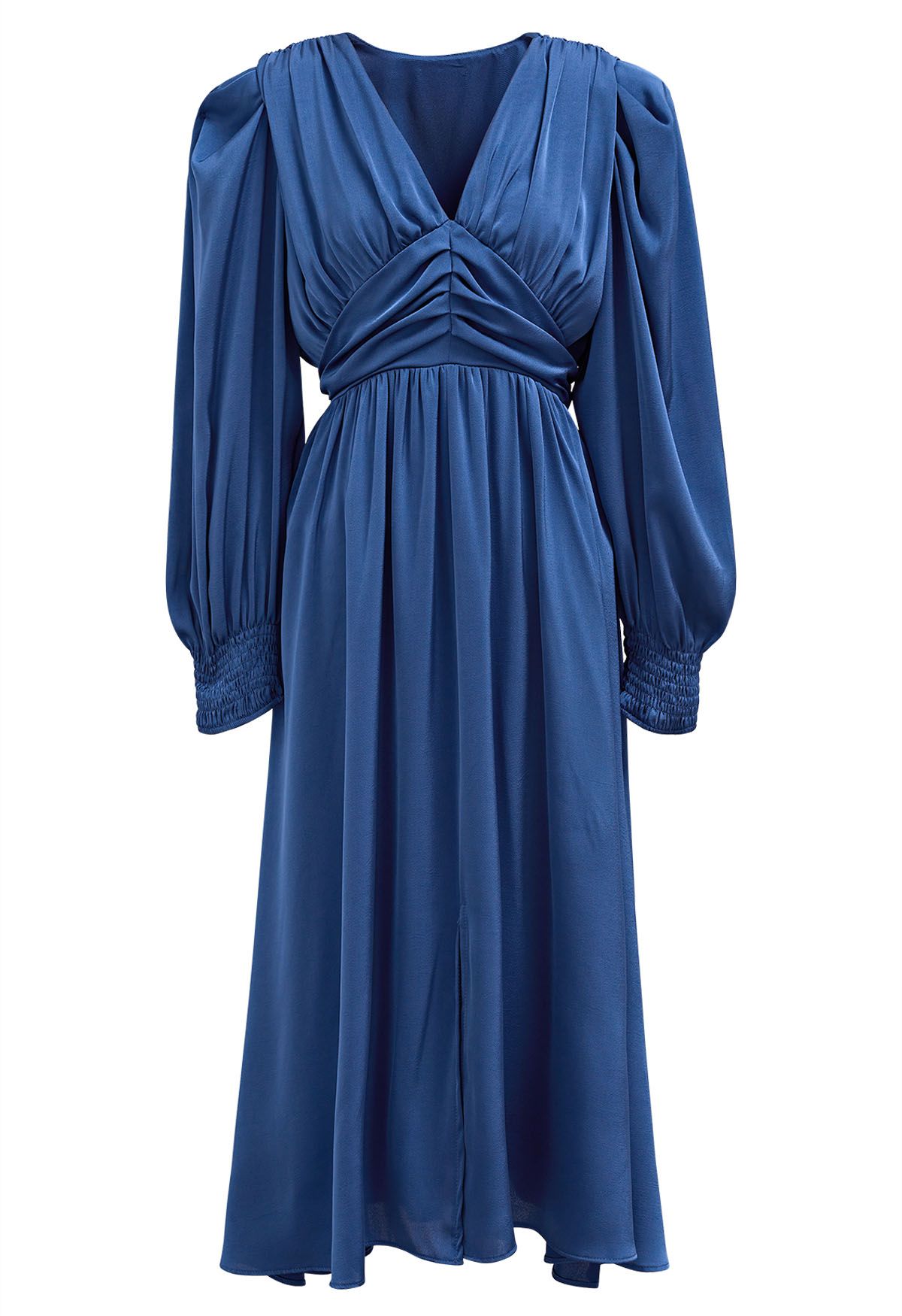 V-Neck Puff Sleeves Ruched Midi Dress in Navy