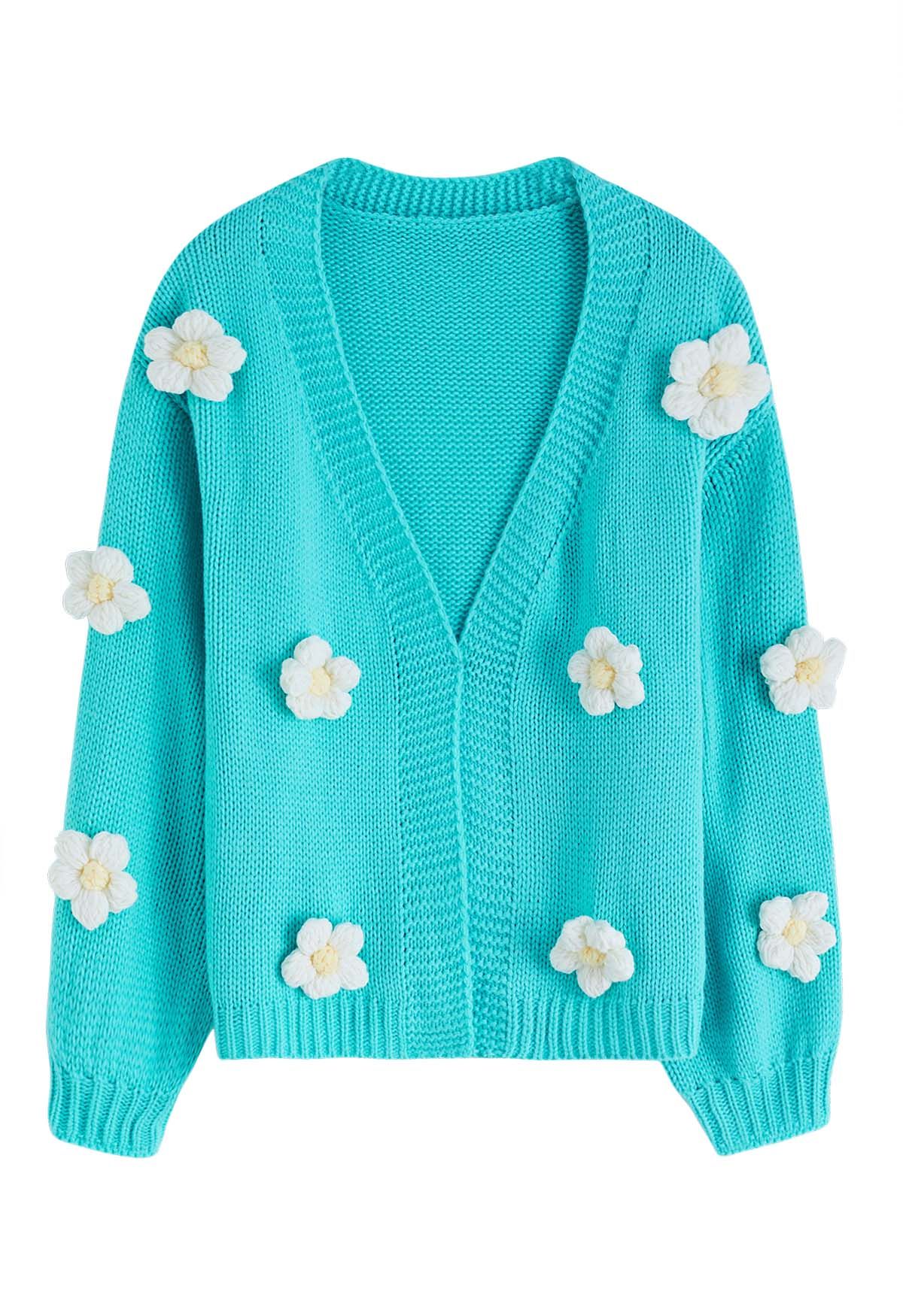 3D Stitch Flower Open Front Knit Cardigan in Blue