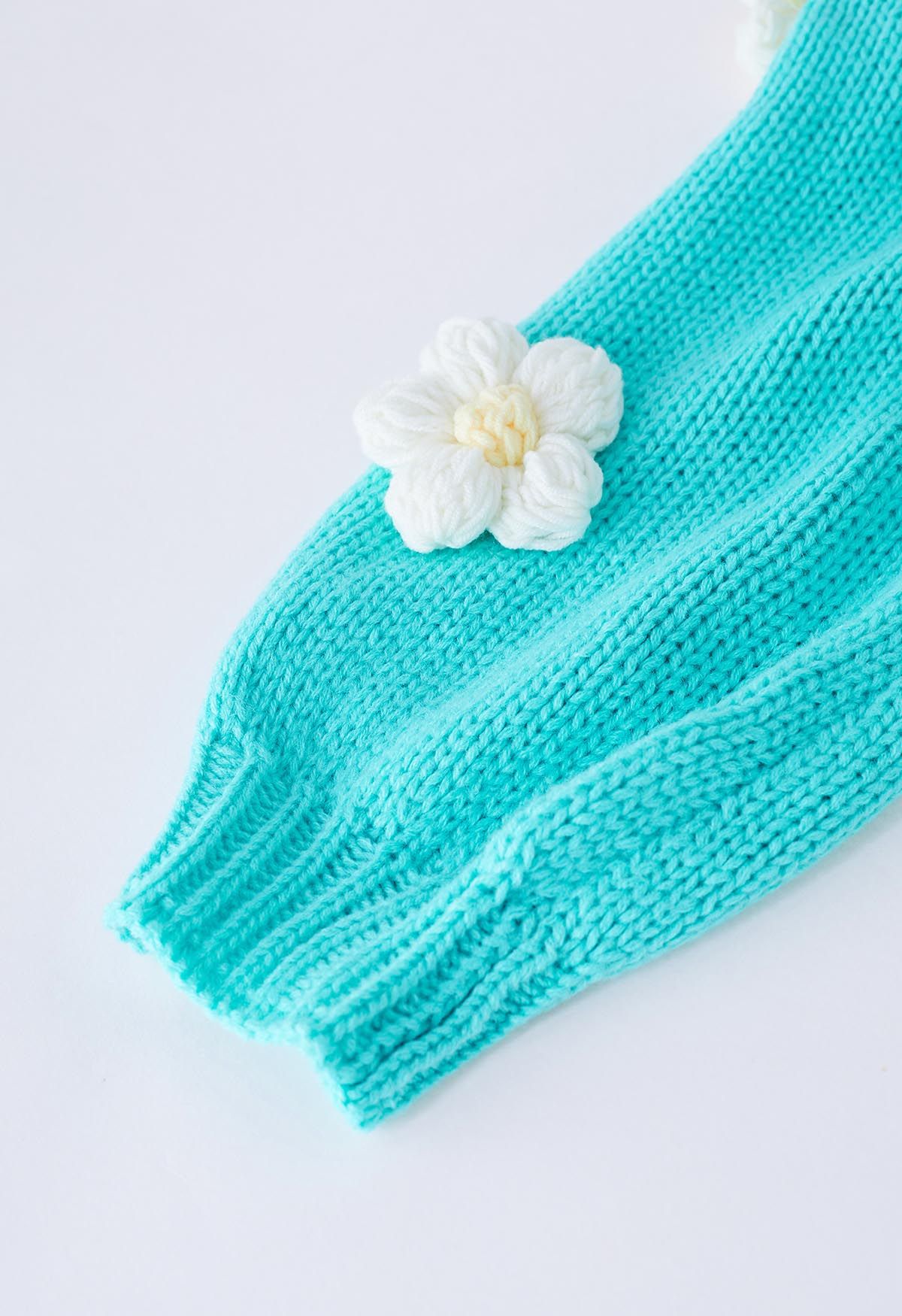 3D Stitch Flower Open Front Knit Cardigan in Blue