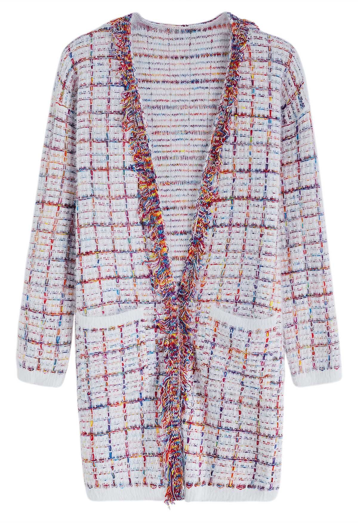 Multicolored Grid Pattern Longline Knit Cardigan in White