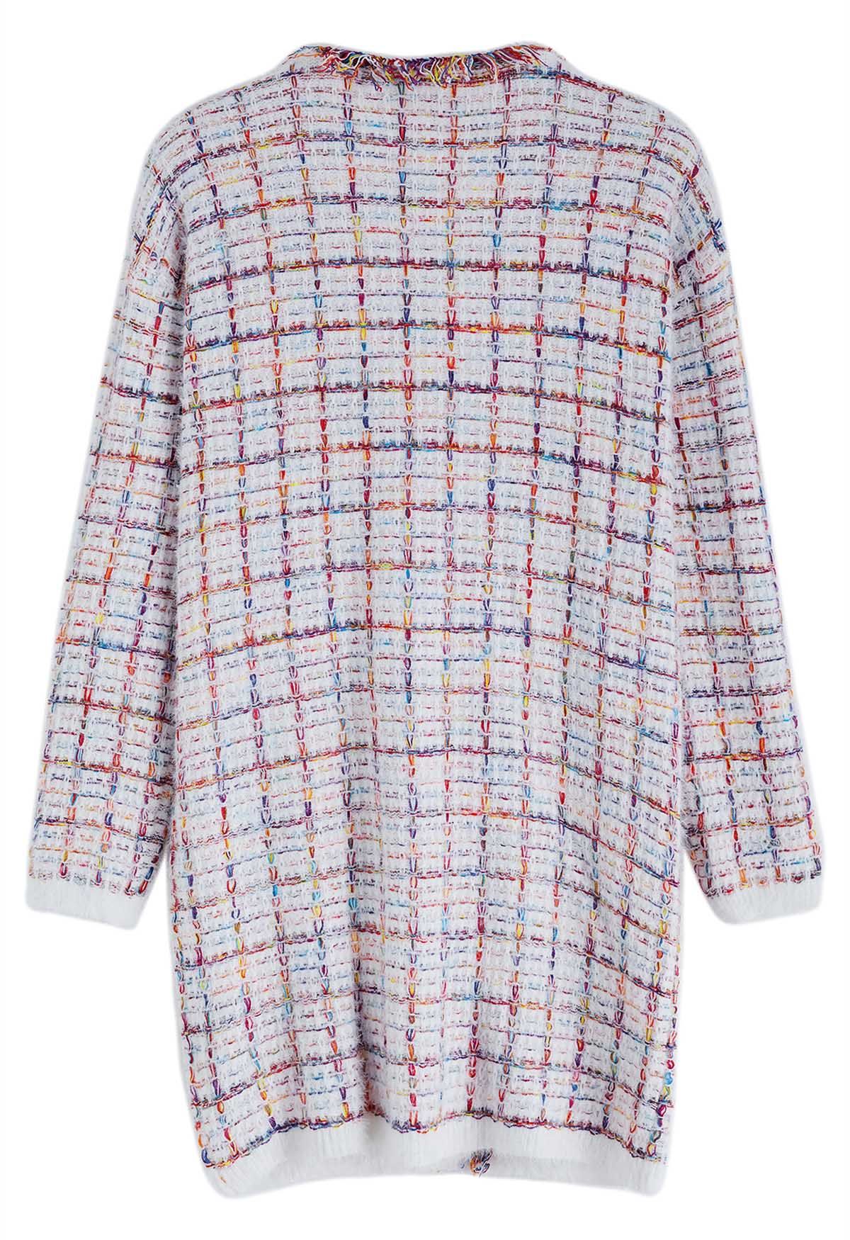 Multicolored Grid Pattern Longline Knit Cardigan in White