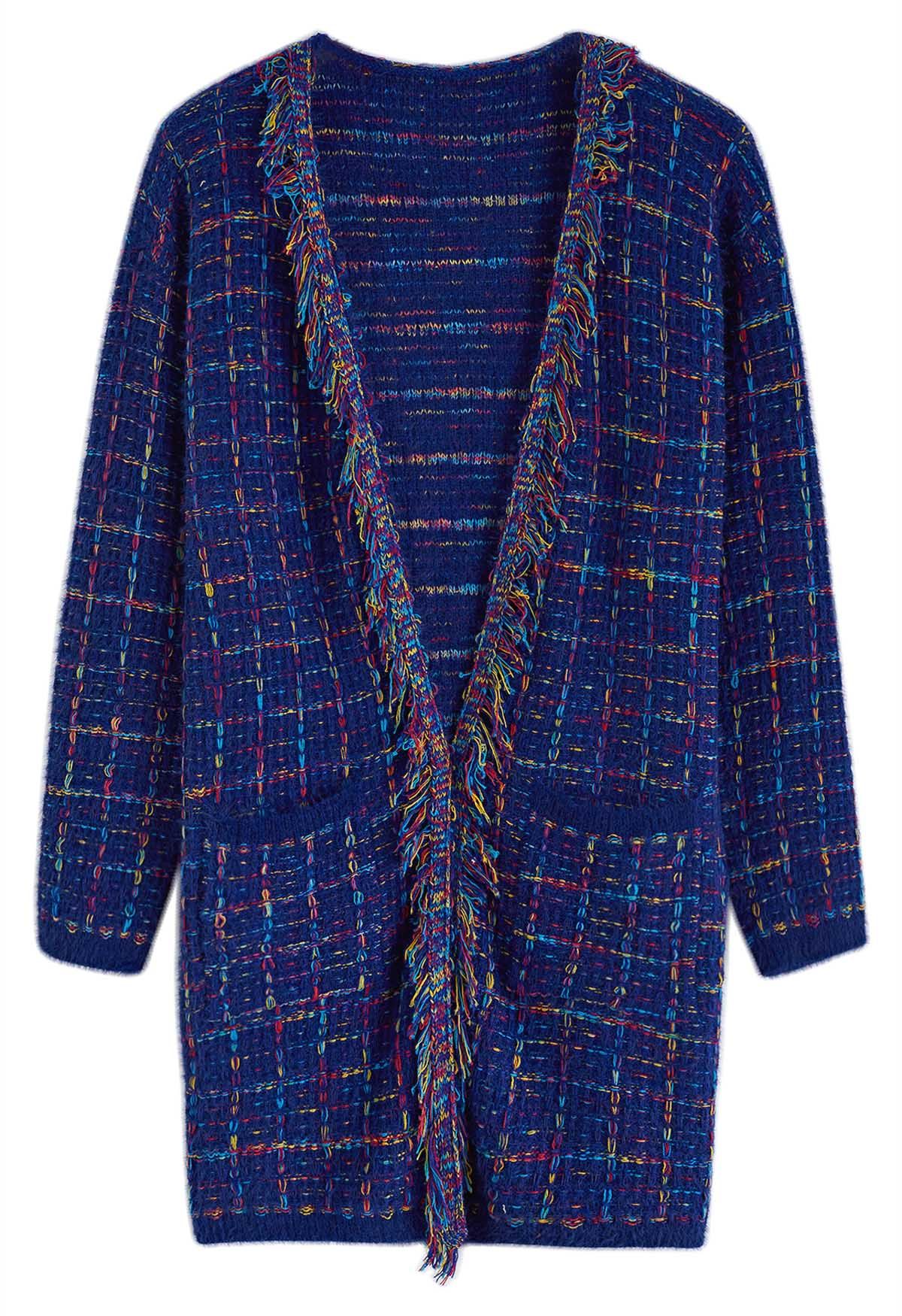 Multicolored Grid Pattern Longline Knit Cardigan in Indigo