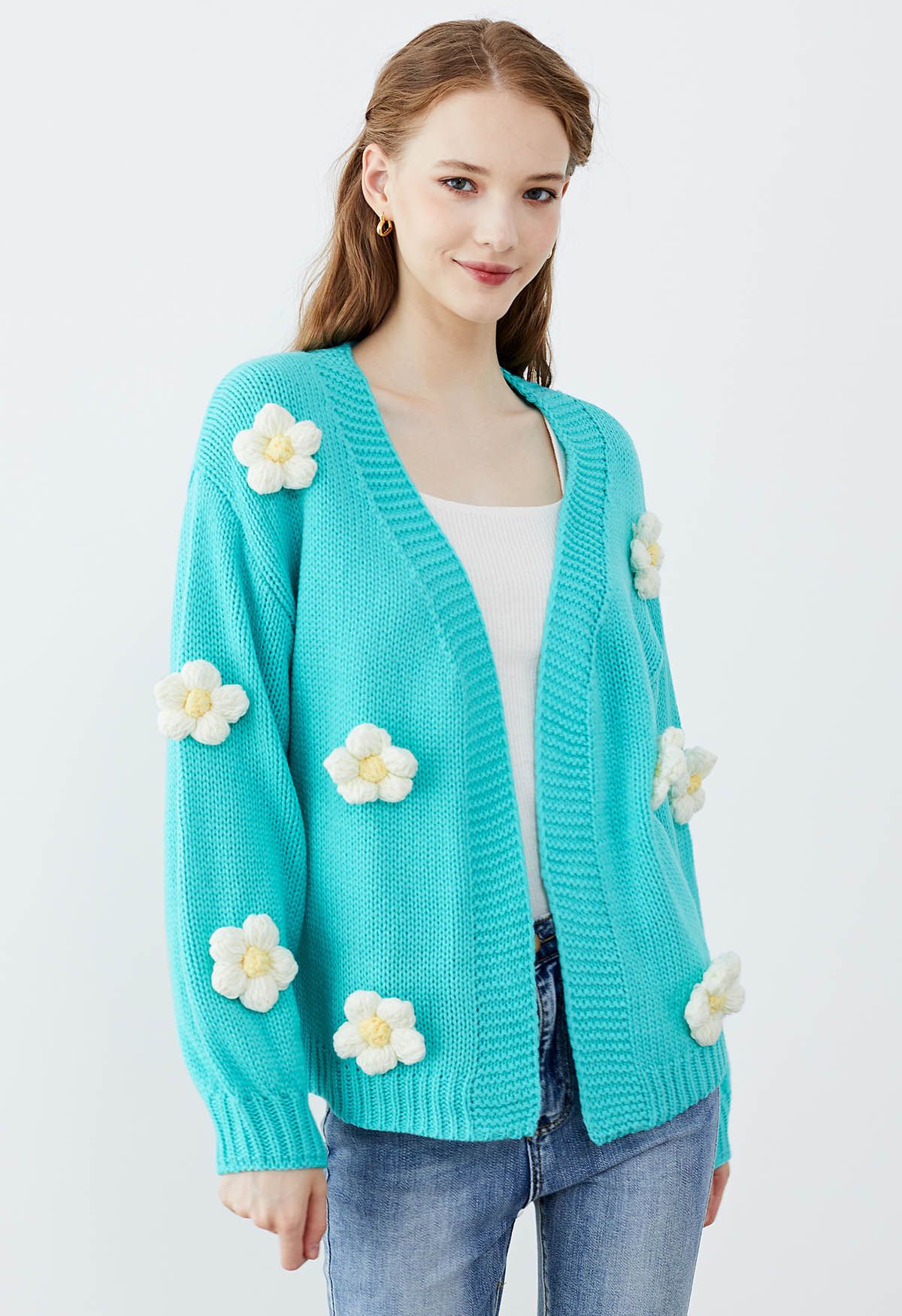 3D Stitch Flower Open Front Knit Cardigan in Blue