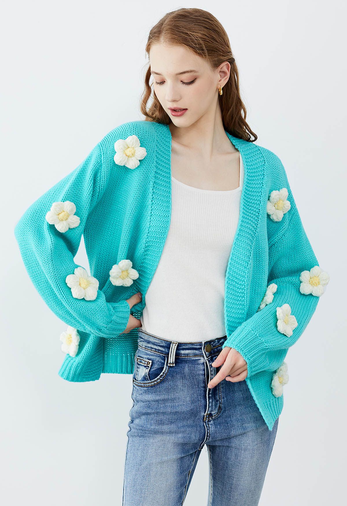 3D Stitch Flower Open Front Knit Cardigan in Blue