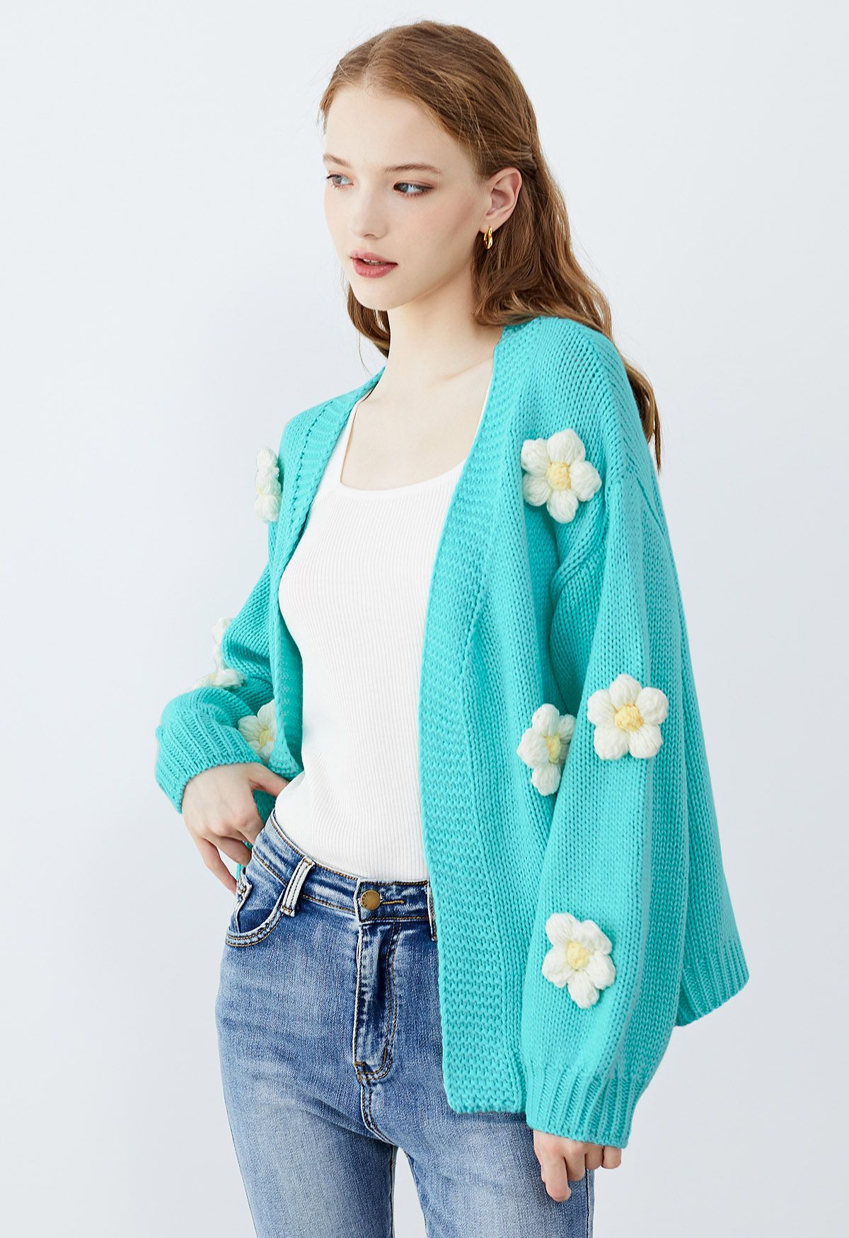 3D Stitch Flower Open Front Knit Cardigan in Blue