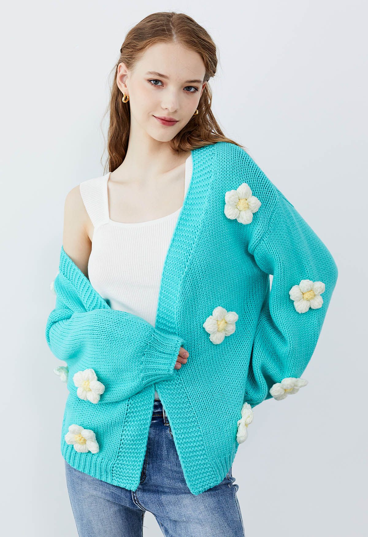 3D Stitch Flower Open Front Knit Cardigan in Blue