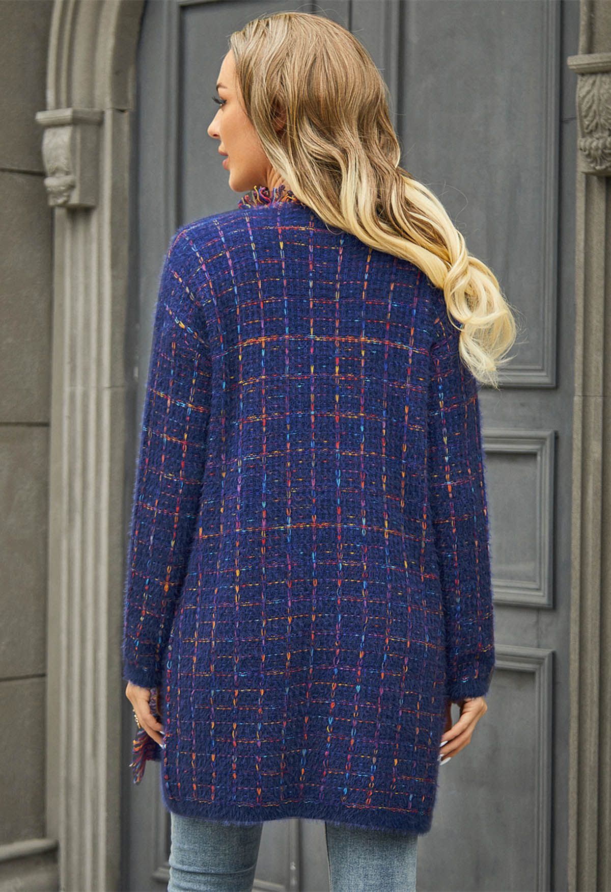 Multicolored Grid Pattern Longline Knit Cardigan in Indigo