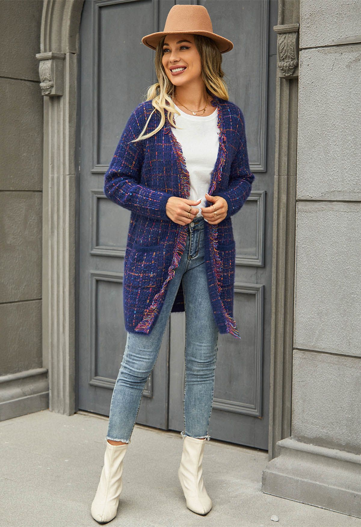 Multicolored Grid Pattern Longline Knit Cardigan in Indigo