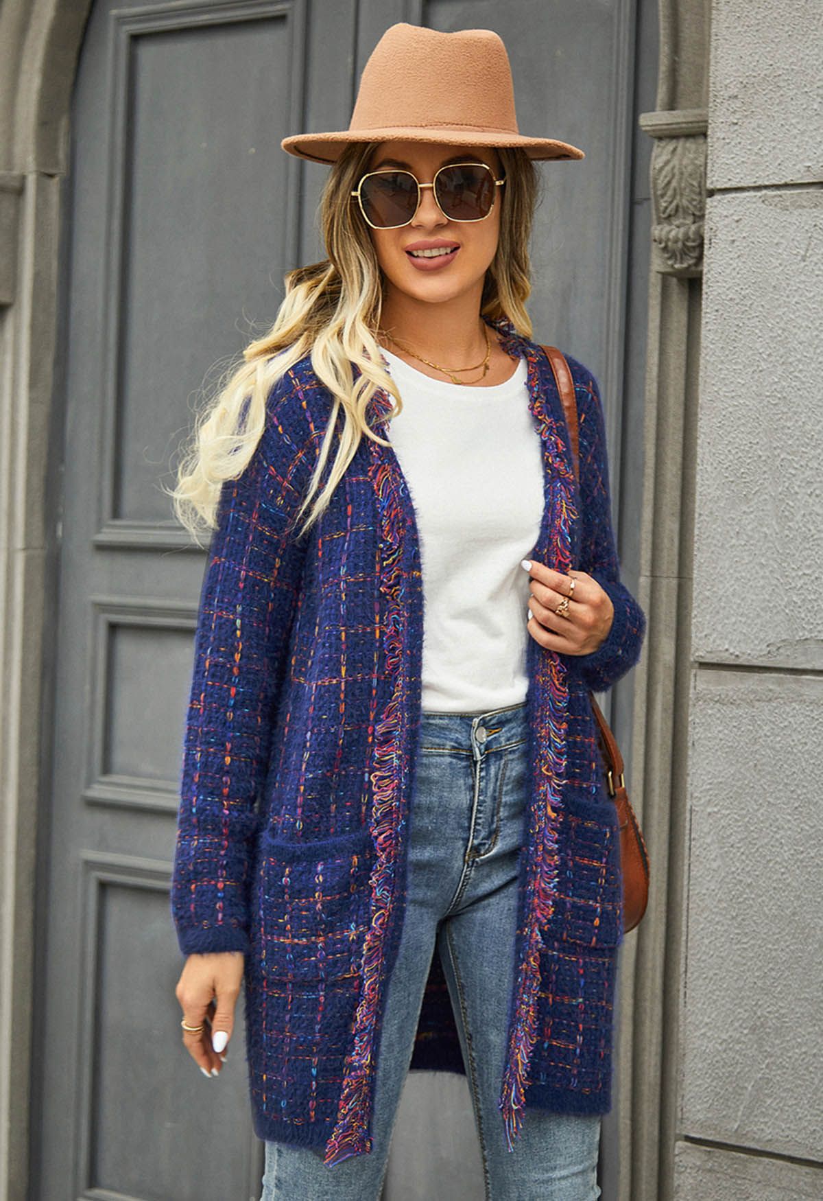 Multicolored Grid Pattern Longline Knit Cardigan in Indigo