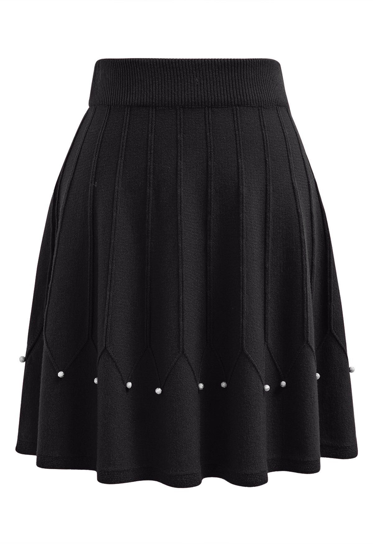 Silver Bead  Embellished Seam Knit Skirt in Black