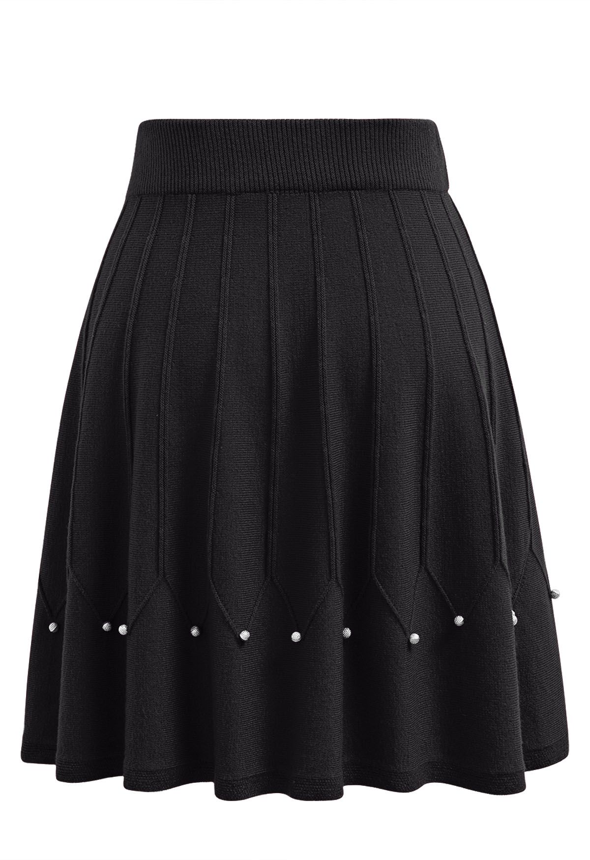 Silver Bead  Embellished Seam Knit Skirt in Black