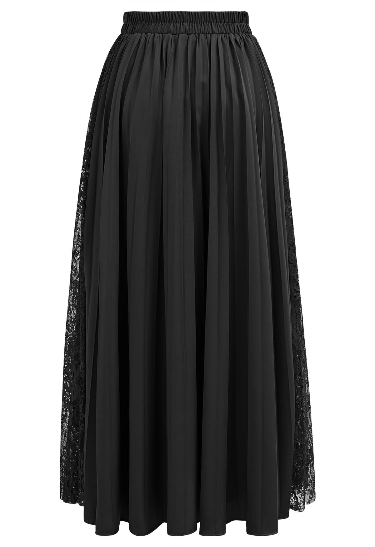 Lace Panelled Pleated Midi Skirt in Black