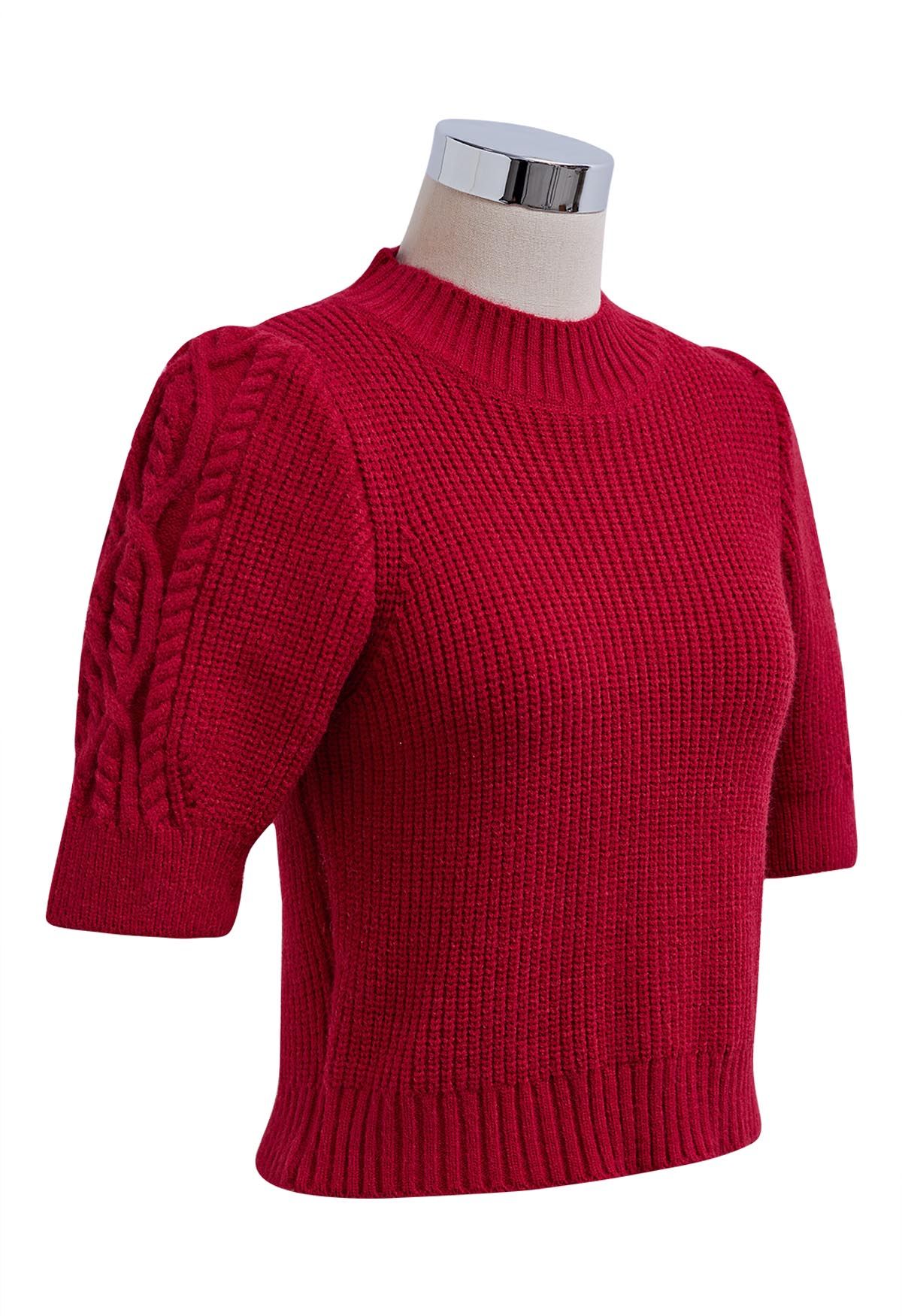 Mock Neck Short Sleeve Knit Sweater in Red - Retro, Indie and Unique ...