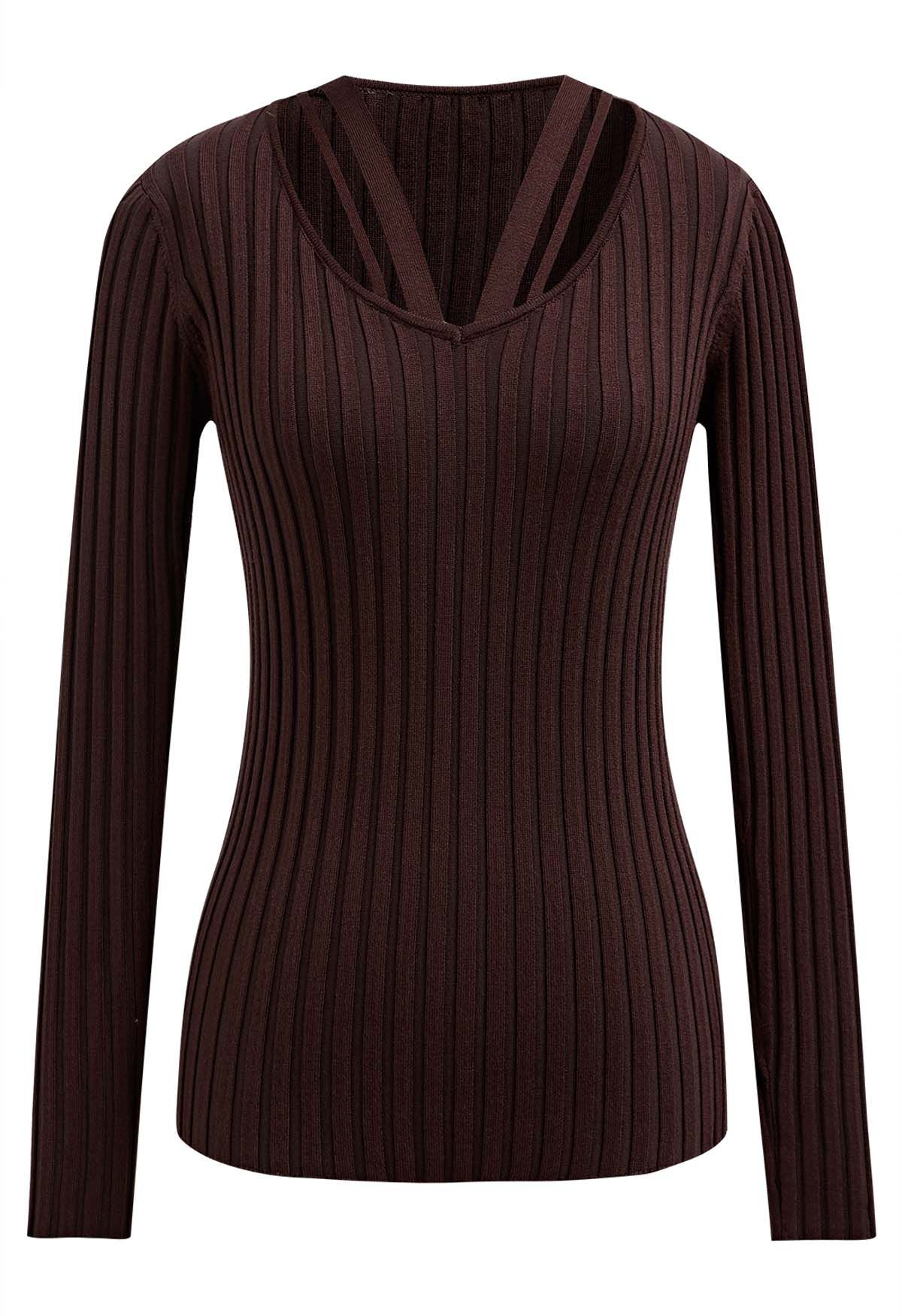 Strappy Neckline Stripe Knit Top in Brown