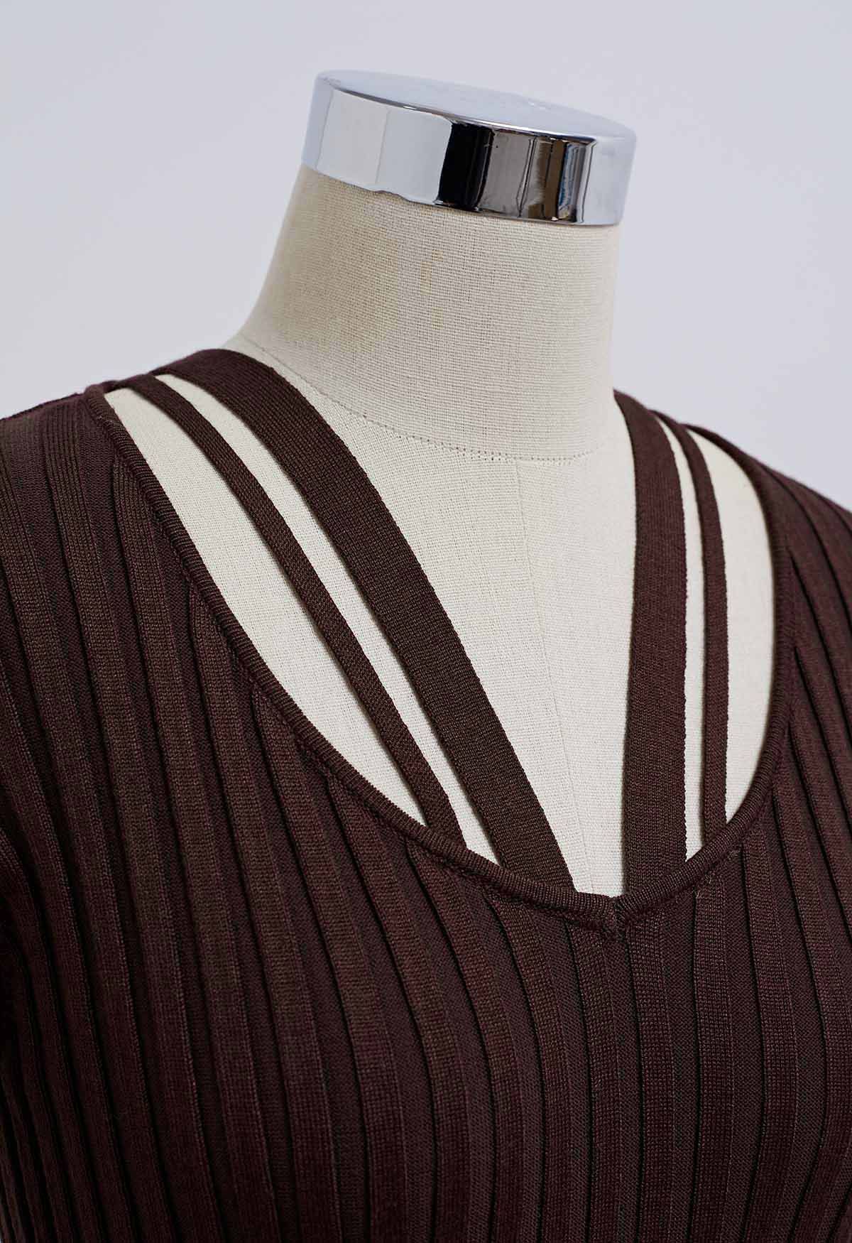 Strappy Neckline Stripe Knit Top in Brown