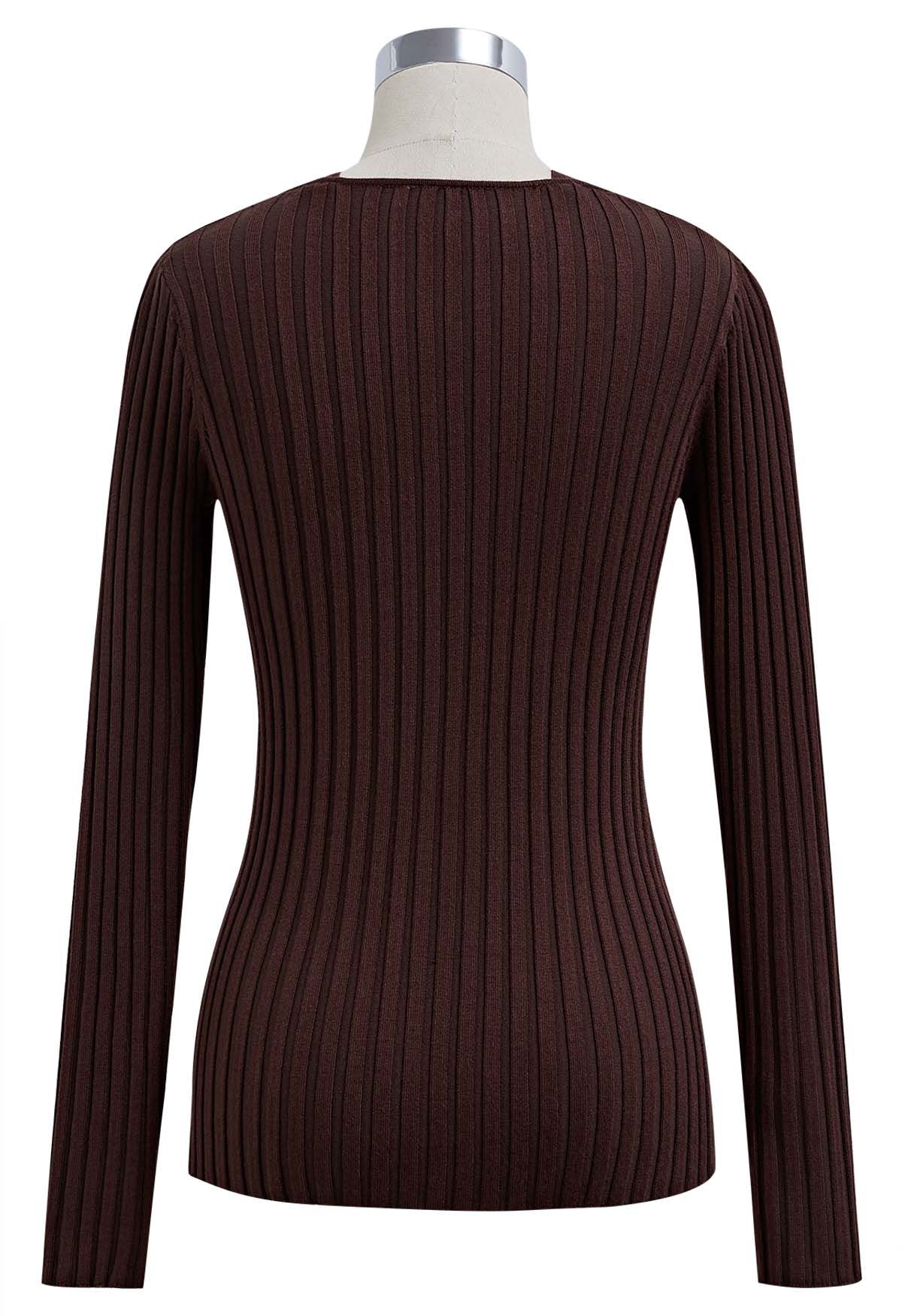 Strappy Neckline Stripe Knit Top in Brown