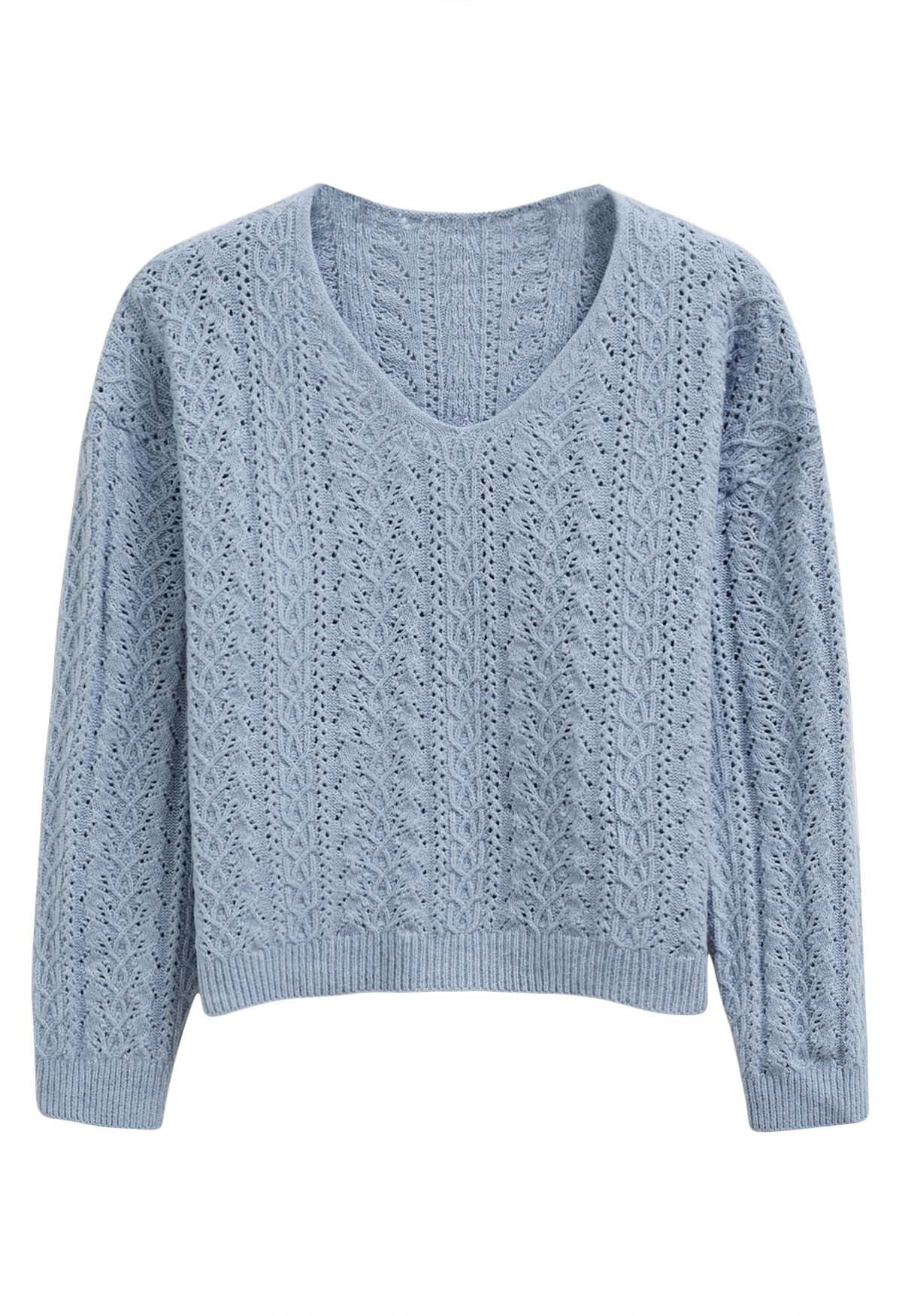 V-Neck Pointelle Knit Sweater in Dusty Blue