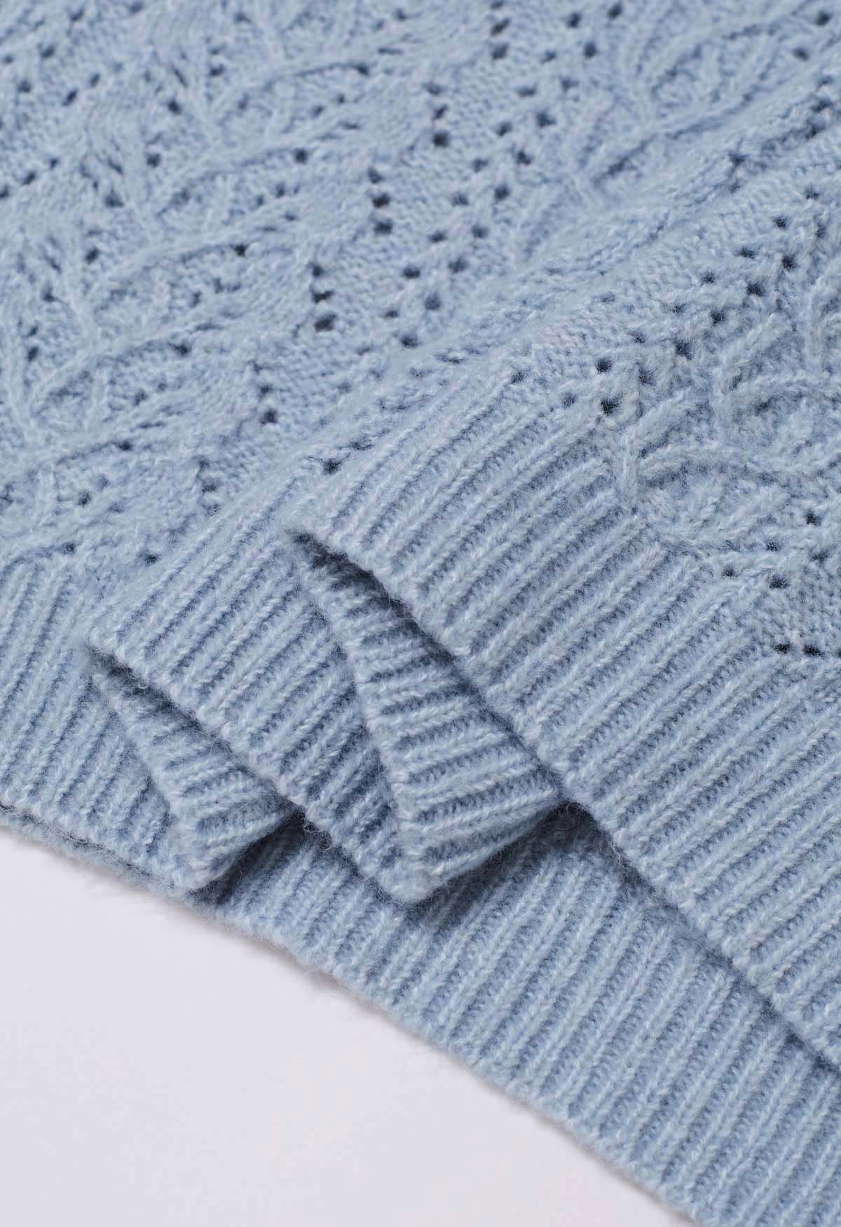 V-Neck Pointelle Knit Sweater in Dusty Blue