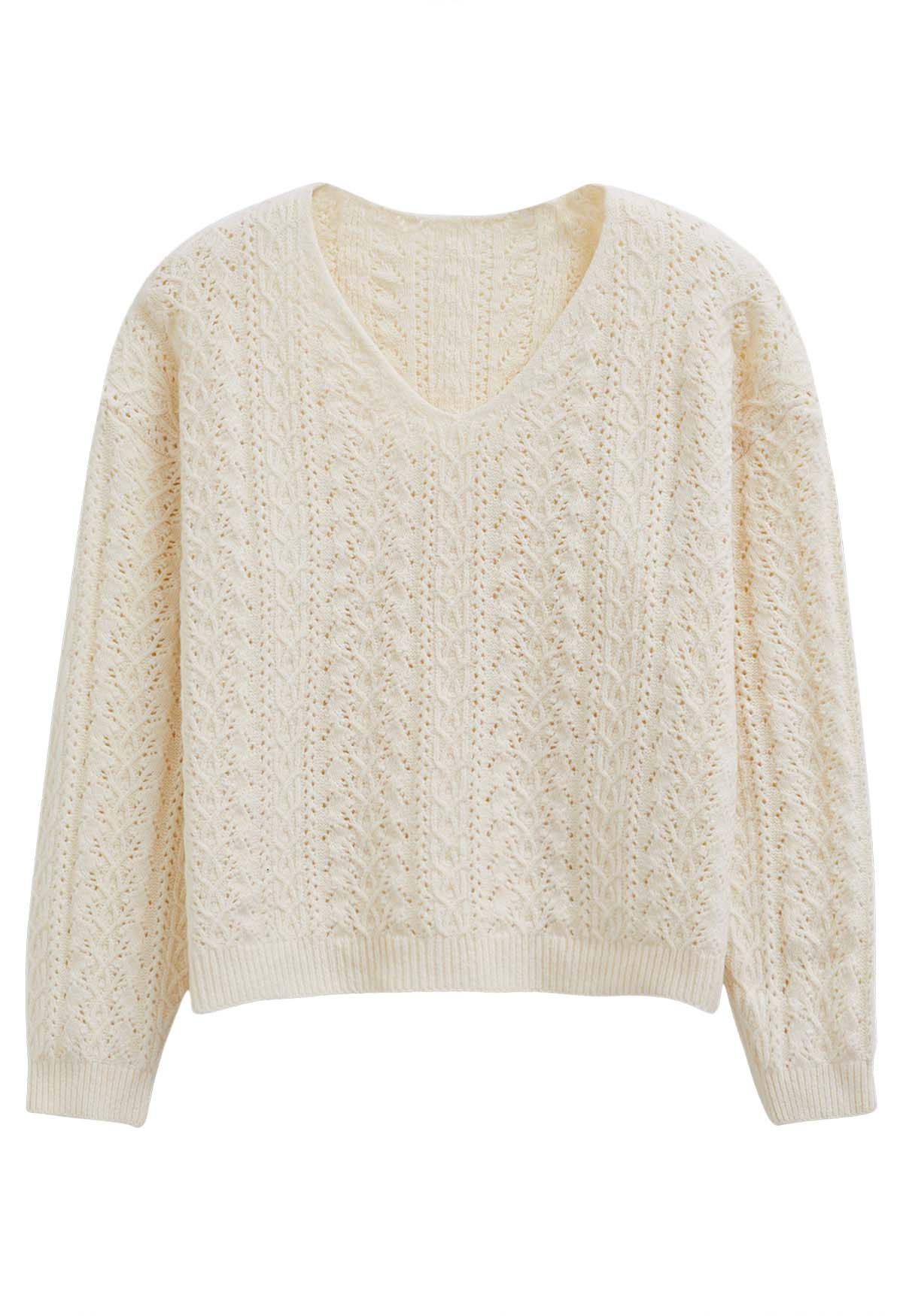 V-Neck Pointelle Knit Sweater in Cream