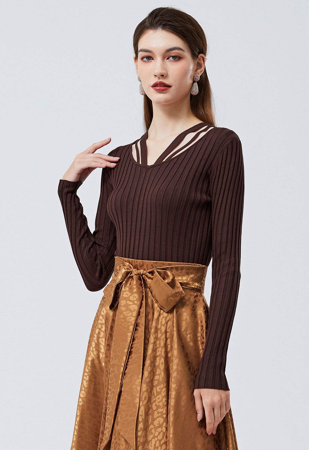 Strappy Neckline Stripe Knit Top in Brown