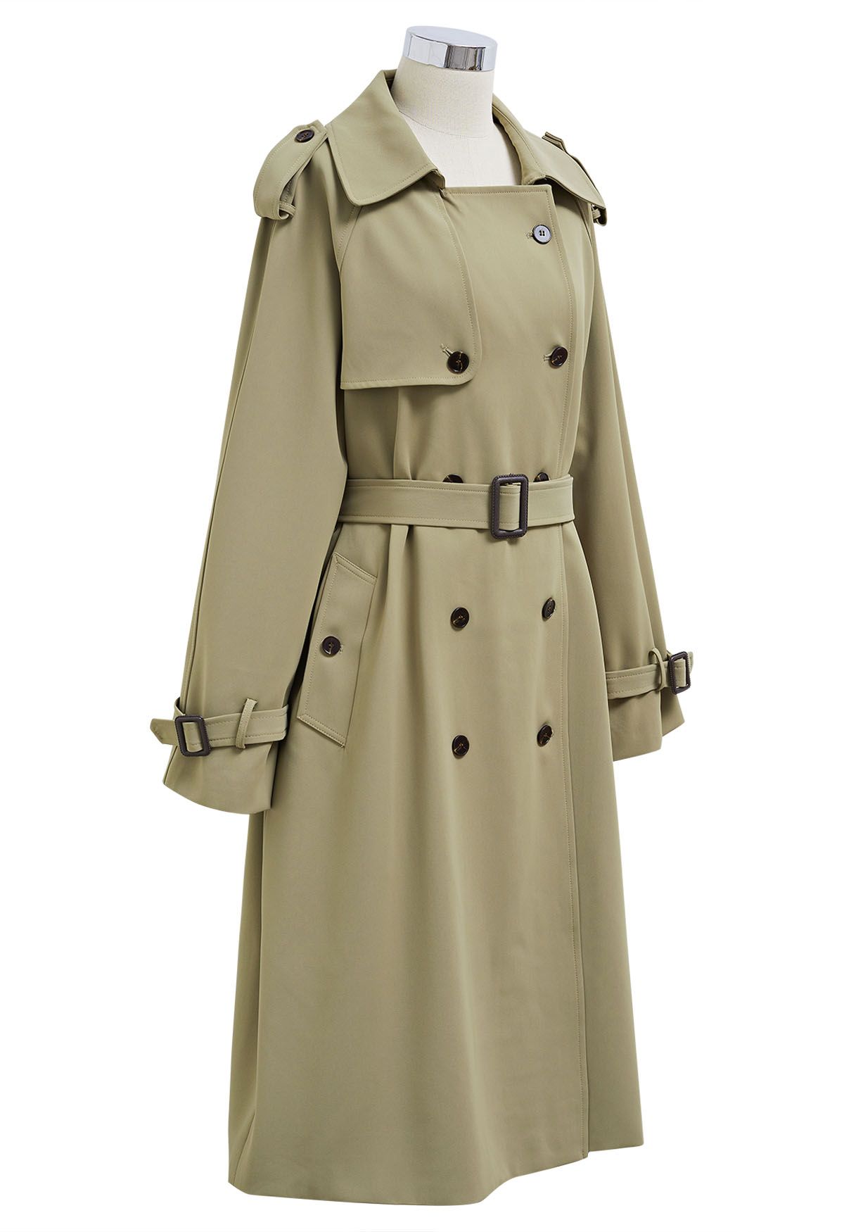 Tailored Double-Breasted Belted Trench Coat in Khaki