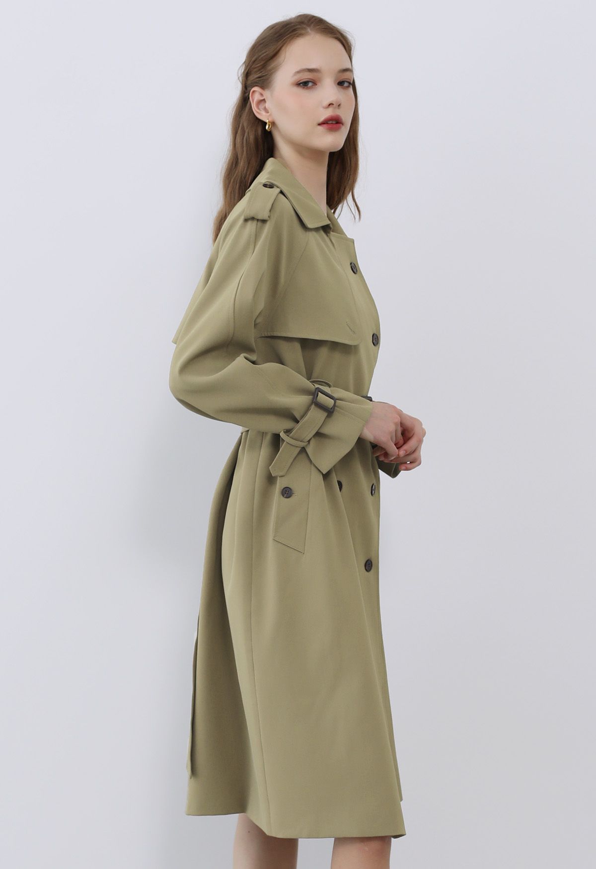 Tailored Double-Breasted Belted Trench Coat in Khaki