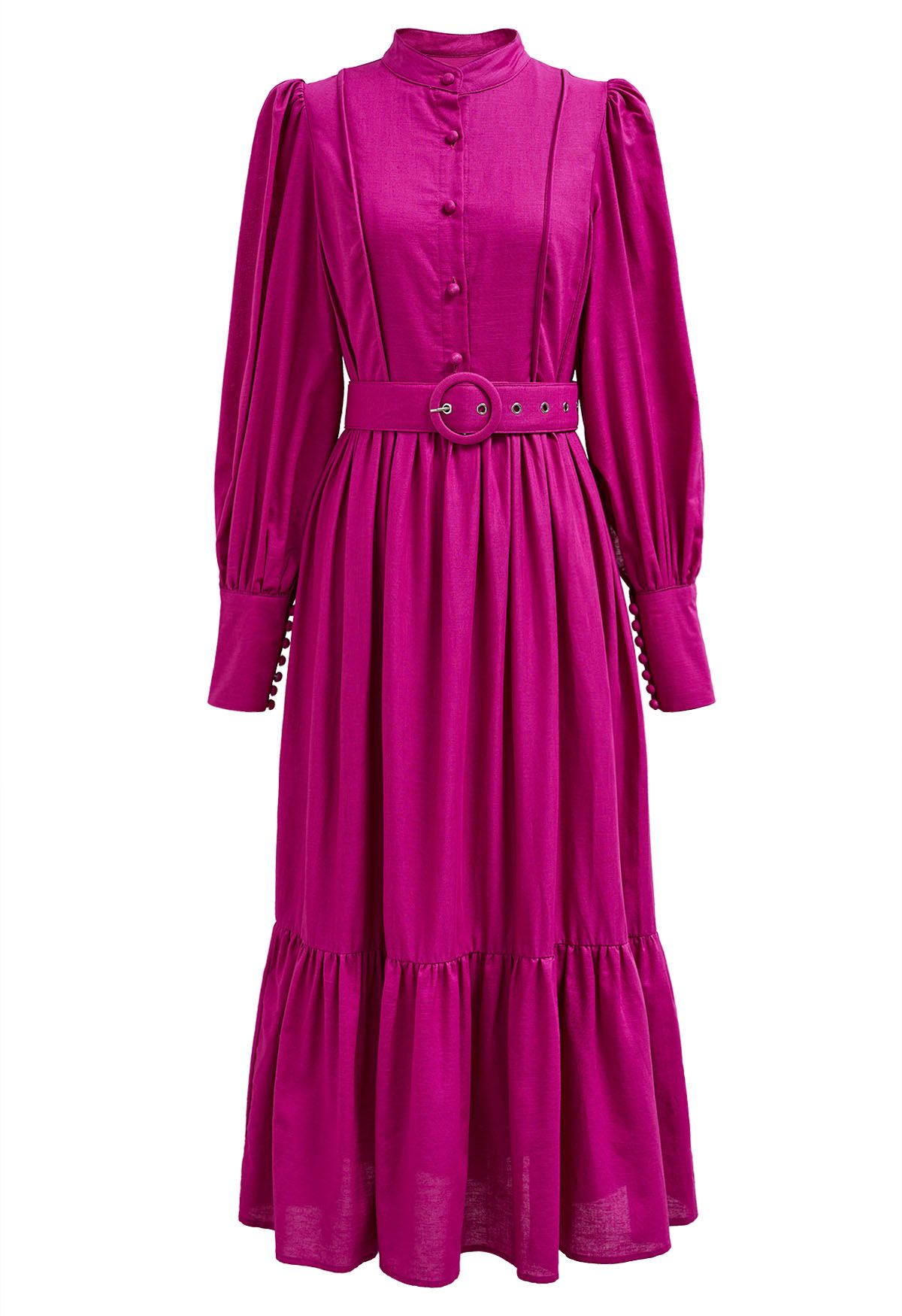 Lantern Sleeve Button Down Linen-Blend Midi Dress in Magenta